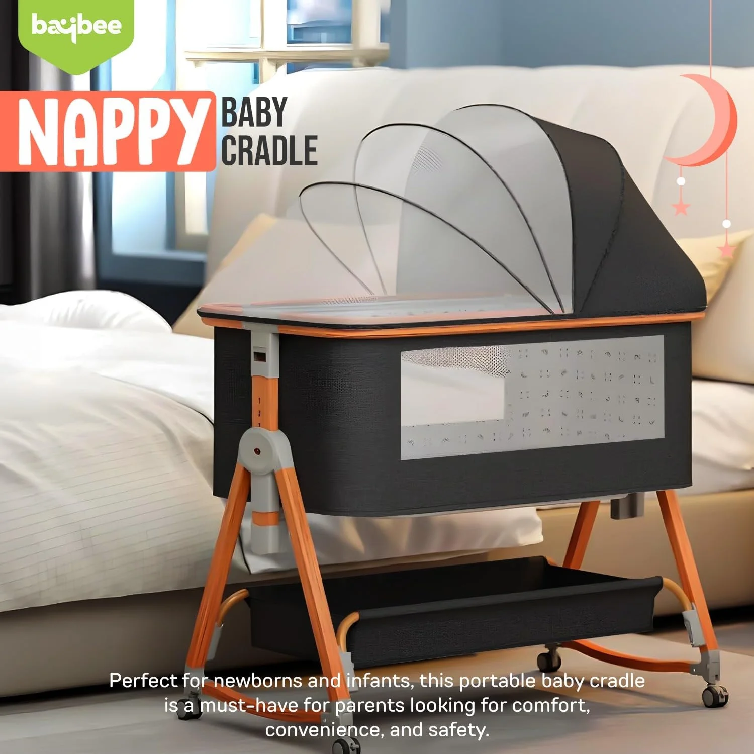 گهواره کودک ۳ در ۱ Baybee، تخت کنار تختی کودک با قابلیت تنظیم ارتفاع در ۶ سطح، تخت تاشو با پشه‌بند، چرخ‌های گردان ۳۶۰ درجه، تخت کنار تختی برای نوزاد/نوزاد تازه متولد شده - مشکی