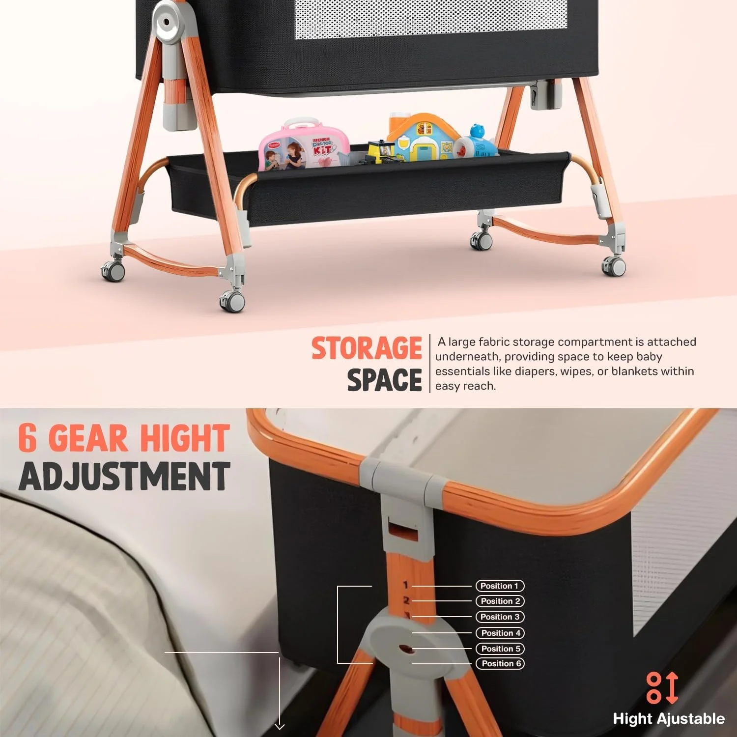 گهواره کودک ۳ در ۱ Baybee، تخت کنار تختی کودک با قابلیت تنظیم ارتفاع در ۶ سطح، تخت تاشو با پشه‌بند، چرخ‌های گردان ۳۶۰ درجه، تخت کنار تختی برای نوزاد/نوزاد تازه متولد شده - مشکی