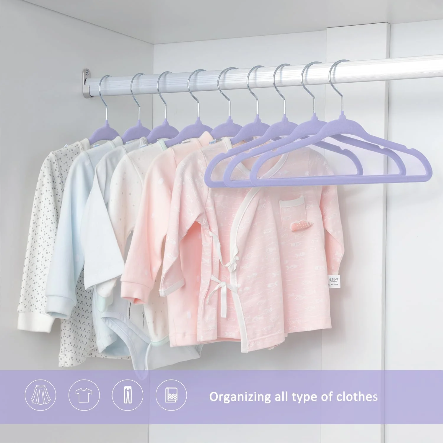 چوب لباسی مخملی کودک مانگوتری 28 سانتی‌متری، چوب لباسی لباس کودک ضد لغزش با قلاب چرخان 360 درجه، چوب لباسی فوق‌العاده نازک نمدی برای لباس نوزاد و کودک نوپا، بسته 15 عددی (بنفش)