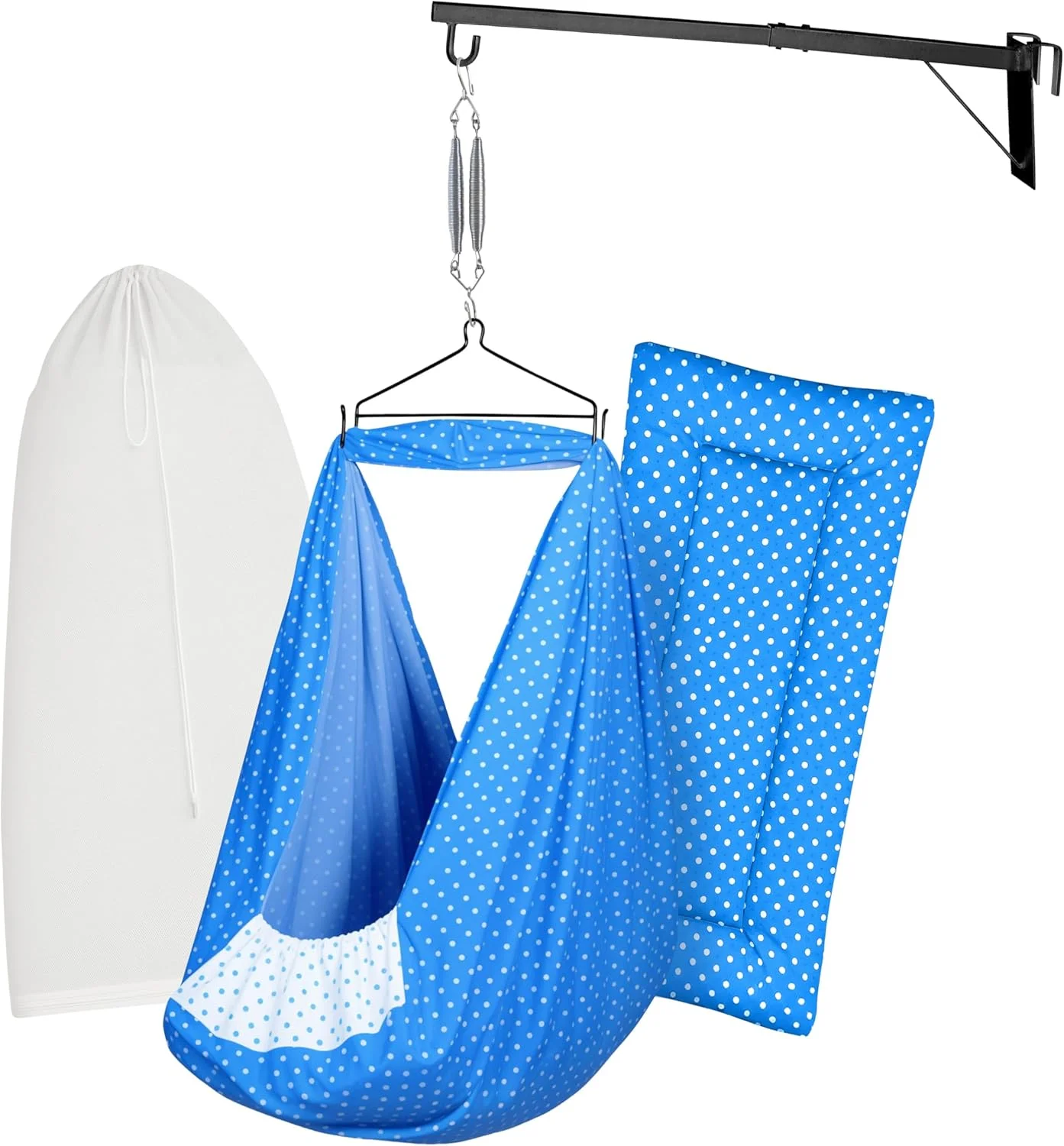 تاب گهواره / جھولا نوزاد (پارچه تخت، پالنا، دولنا) | گهواره آویز با تخت خواب نرم، پشه بند، فنر، مثلث و آویز پنجره | تا 15 کیلوگرم | FS-آبی تیره خالدار