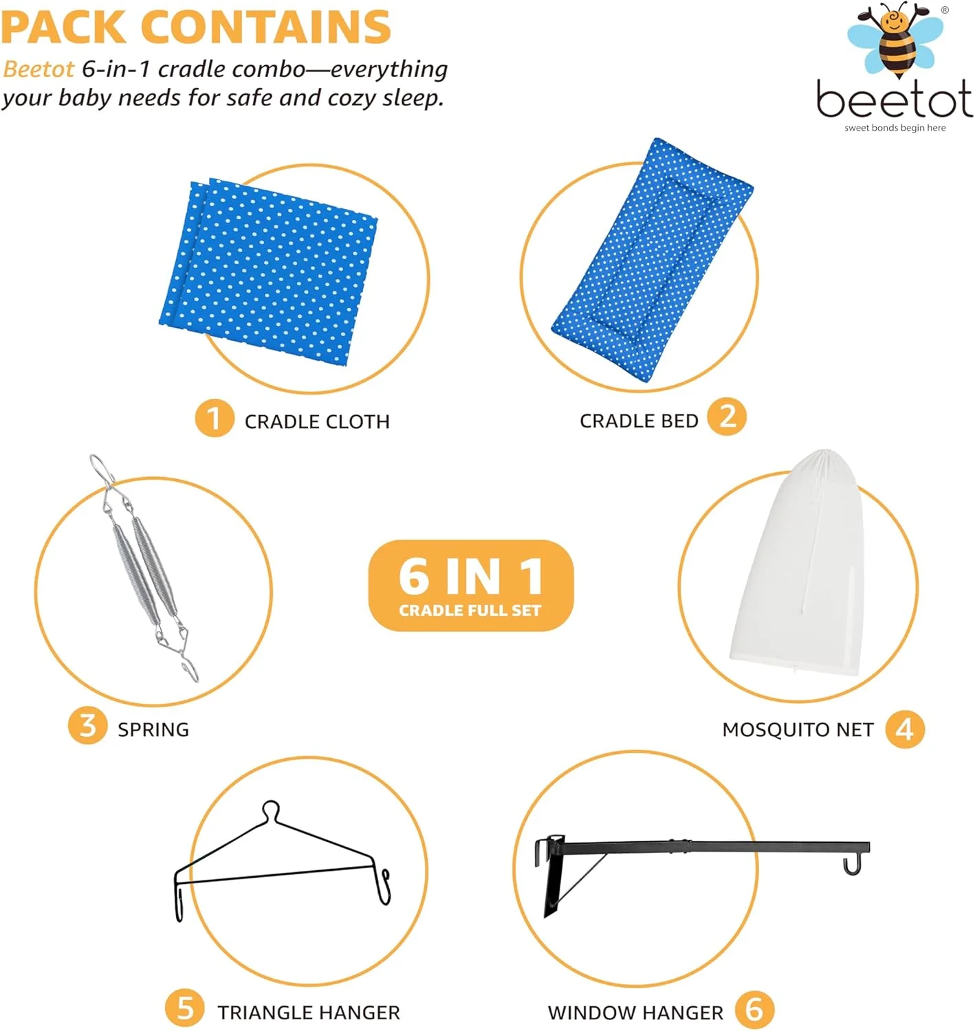 تاب گهواره / جھولا نوزاد (پارچه تخت، پالنا، دولنا) | گهواره آویز با تخت خواب نرم، پشه بند، فنر، مثلث و آویز پنجره | تا 15 کیلوگرم | FS-آبی تیره خالدار