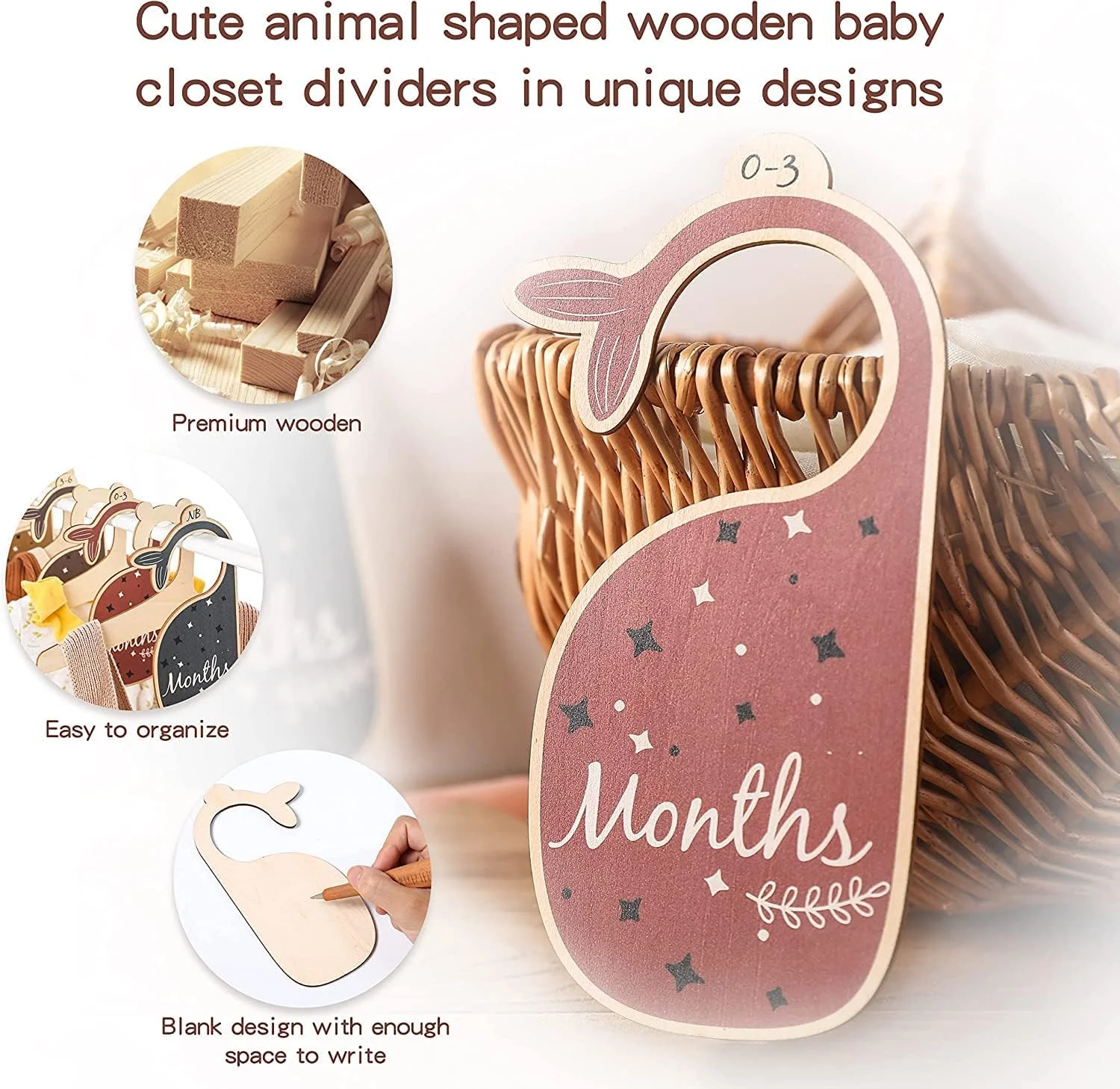 تقسیم کننده های کمد لباس کودک - سازمان دهنده های چوبی یک طرفه زیبا برای لباس های کودک از نوزاد تا 24 ماهگی برای دکوراسیون اتاق کودک