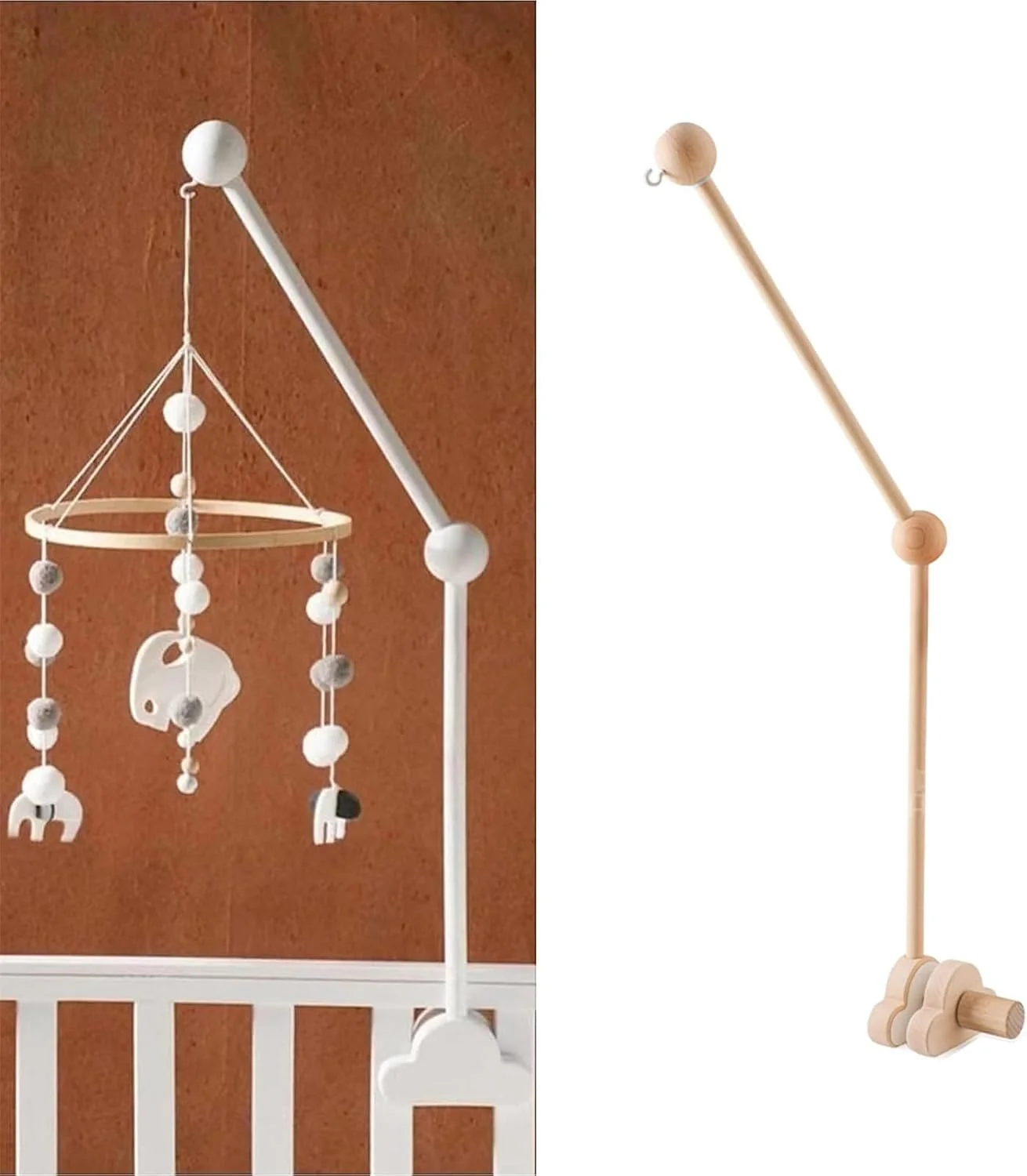 بازوی آویز چوبی برای تخت نوزاد، نگهدارنده آویز تخت نوزاد، بازوی آویز برای تخت، اتصال محکم و ضد لغزش، لوازم جانبی چوبی اتاق کودک، زنگ تزئینی تخت (رنگ چوب)