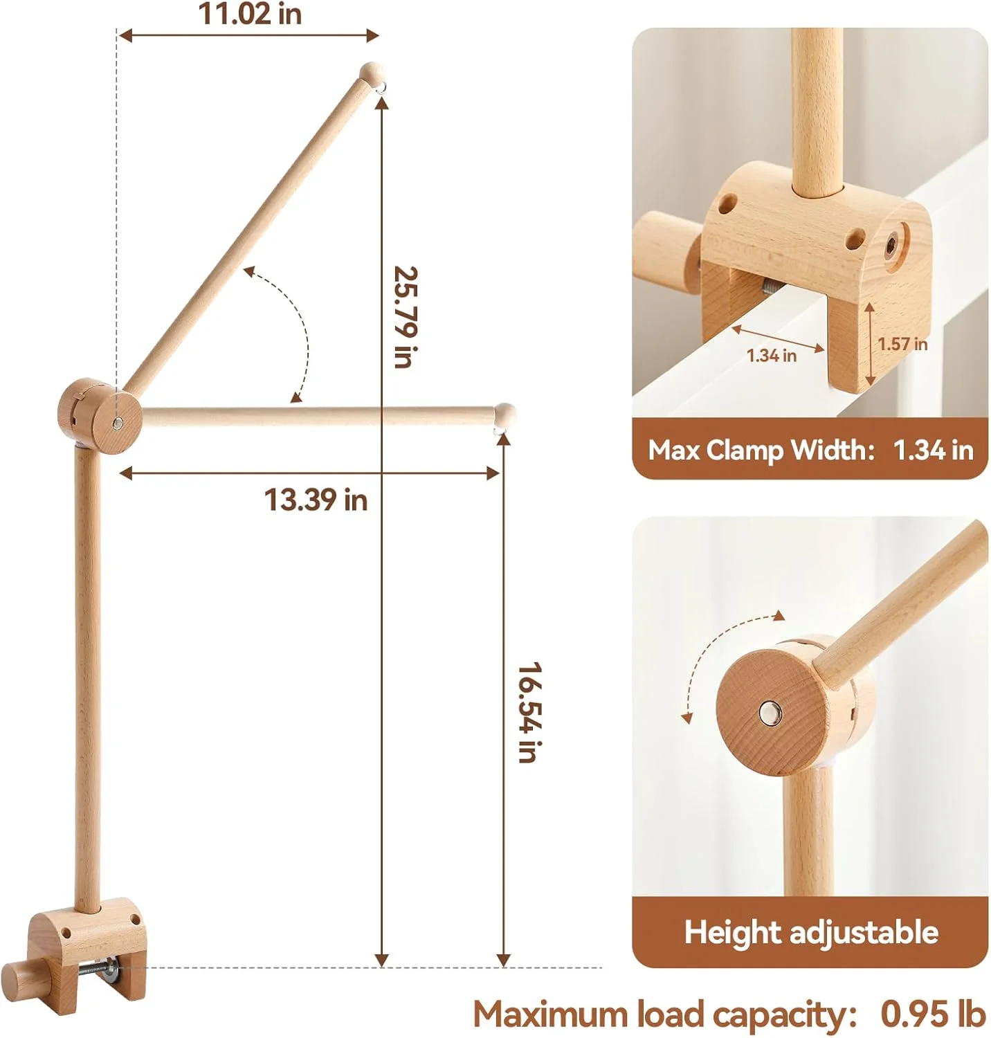 بازوی آویز موبایل تخت نوزاد هی بیبی مونمنت - آویز چرخشی موبایل نوزاد، چوب راش طبیعی، پایه موبایل برای دکوراسیون اتاق کودک، مناسب برای نوزاد دختر یا پسر
