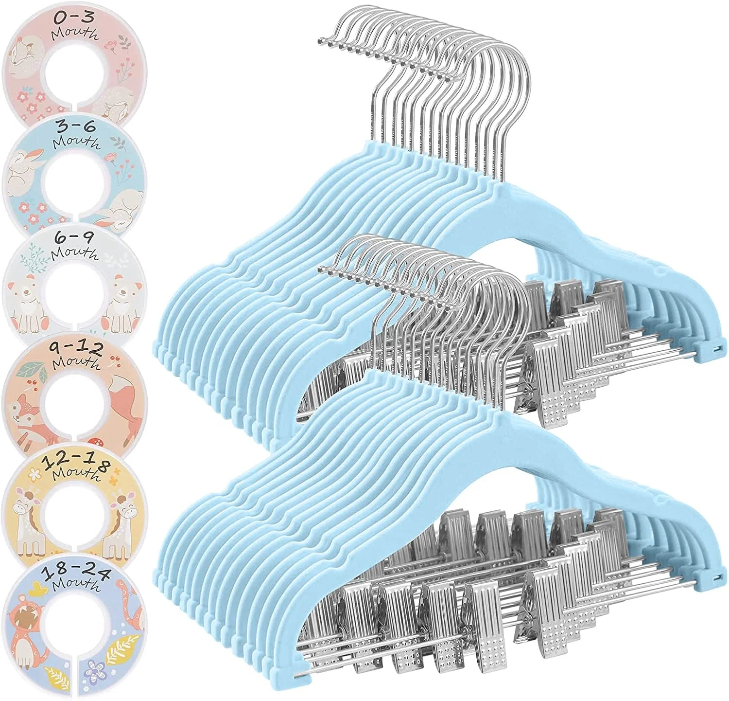 چوب لباسی مخملی بچه گانه Red Dot Gift، بسته 20 عددی چوب لباسی ضد لغزش برای کودکان، چوب لباسی دامن گیره دار با قابلیت صرفه جویی در فضا، چوب لباسی شلوار مشکی بچه گانه با 6 عدد جداکننده لباس برای سازماندهی کمد نوزاد (آبی، 20 عدد)