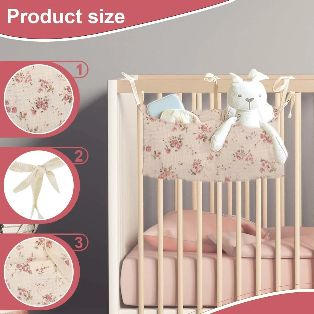 ارگانایزر میز تعویض، ارگانایزر تخت نوزاد، آویز تخت نوزاد، مناسب برای آویزان کردن روی تخت یا میز تعویض (طرح گلدار)