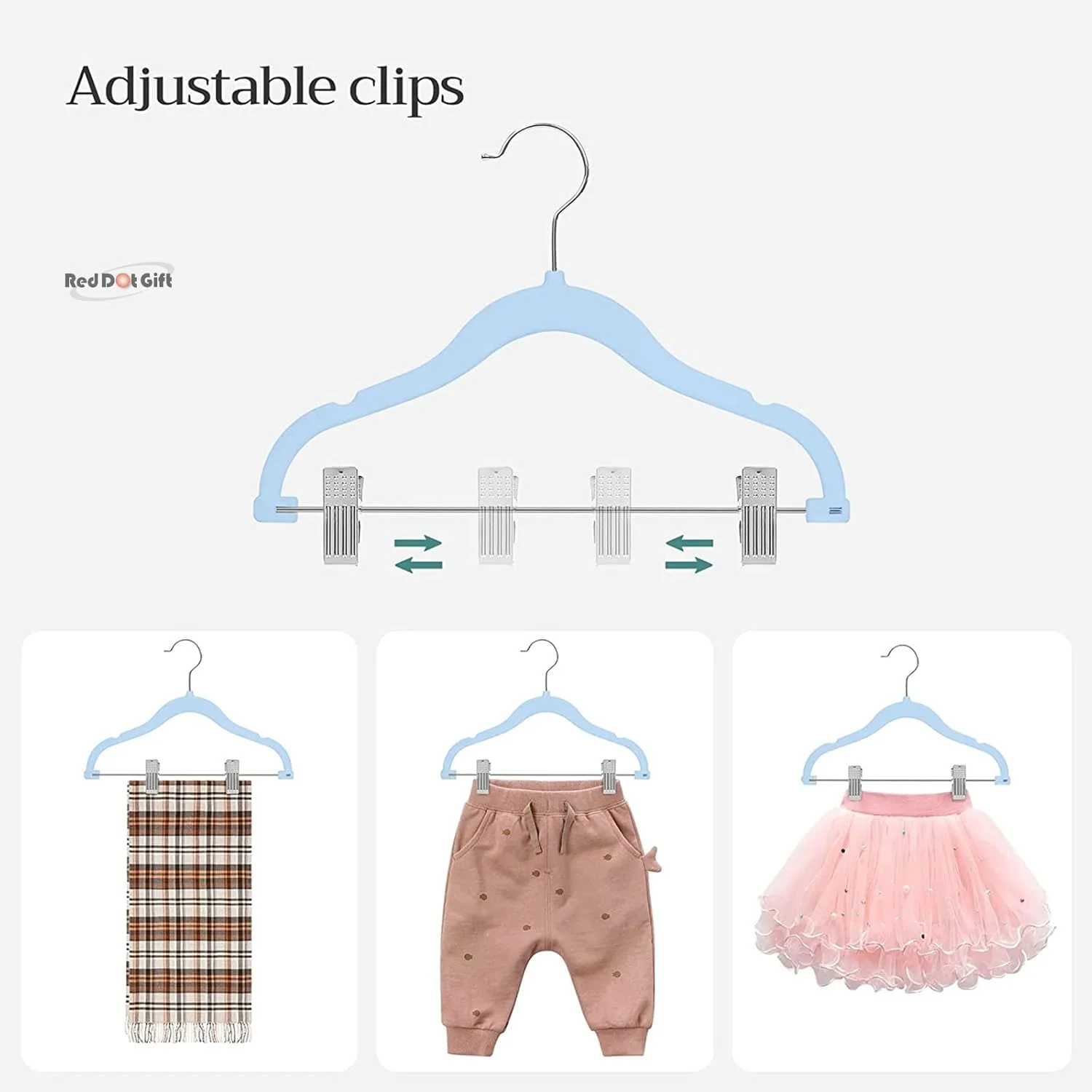 چوب لباسی مخملی بچه گانه Red Dot Gift، بسته 20 عددی چوب لباسی ضد لغزش برای کودکان، چوب لباسی دامن گیره دار با قابلیت صرفه جویی در فضا، چوب لباسی شلوار مشکی بچه گانه با 6 عدد جداکننده لباس برای سازماندهی کمد نوزاد (آبی، 20 عدد)