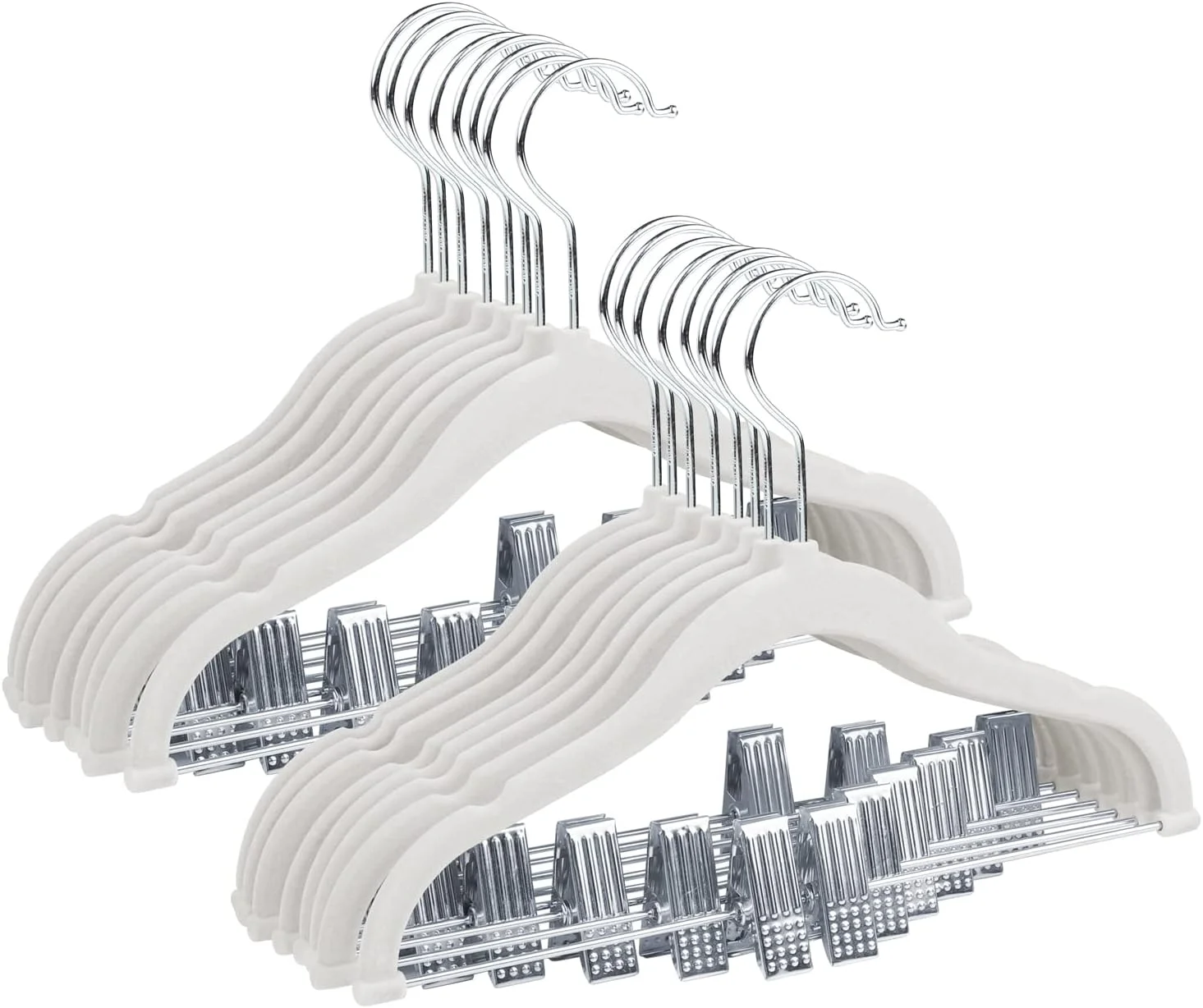 چوب لباسی مخملی کودک مانگوتری 30 سانتی متری با گیره های متحرک، چوب لباسی لباس کودک ضد لغزش، چوب لباسی نمدی فوق العاده نازک و صرفه جویی در فضا برای پیراهن، شلوار، لباس، دامن، ژاکت (بسته 16 عددی، سفید)