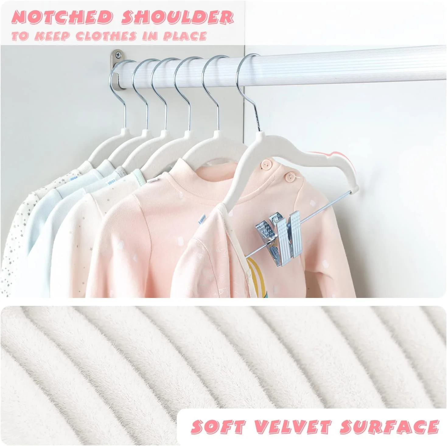 چوب لباسی مخملی کودک مانگوتری 30 سانتی متری با گیره های متحرک، چوب لباسی لباس کودک ضد لغزش، چوب لباسی نمدی فوق العاده نازک و صرفه جویی در فضا برای پیراهن، شلوار، لباس، دامن، ژاکت (بسته 16 عددی، سفید)