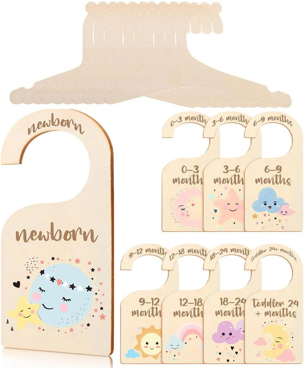 آویز و جداکننده کمد لباس کودک [17 تکه]، سازمان دهنده کمد نوزاد تا 24 ماهگی با جداکننده های چوبی، دکور زیبای اتاق کودک برای دختران و پسران (رنگی، 17 تکه)