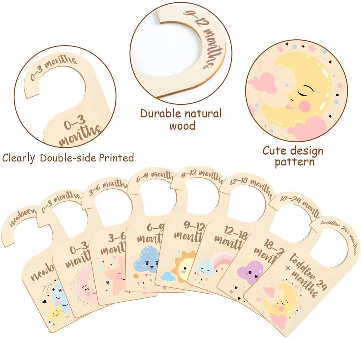 آویز و جداکننده کمد لباس کودک [17 تکه]، سازمان دهنده کمد نوزاد تا 24 ماهگی با جداکننده های چوبی، دکور زیبای اتاق کودک برای دختران و پسران (رنگی، 17 تکه)