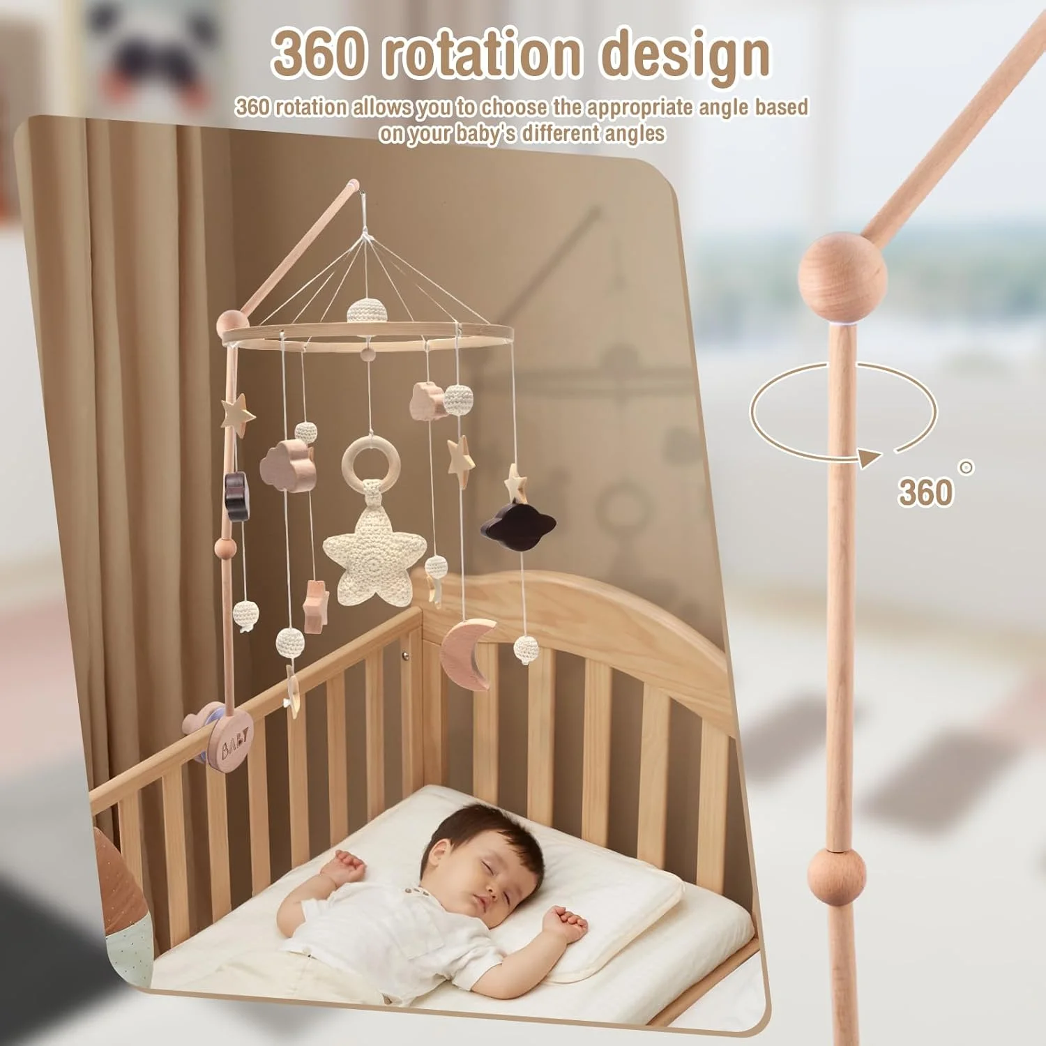 بازوی آویز تخت نوزاد چوبی با قابلیت چرخش 360 درجه و ارتفاع قابل تنظیم، آویز تخت نوزاد، پایه آویز برای آویزان کردن زنگ تخت و تزئین اتاق کودک بازوی آویز تخت نوزاد چوبی با قابلیت چرخش 360 درجه و ارتفاع قابل تنظیم، آویز تخت نوزاد، پایه آویز برای آویزان کردن زنگ تخت و تزئین اتاق کودک