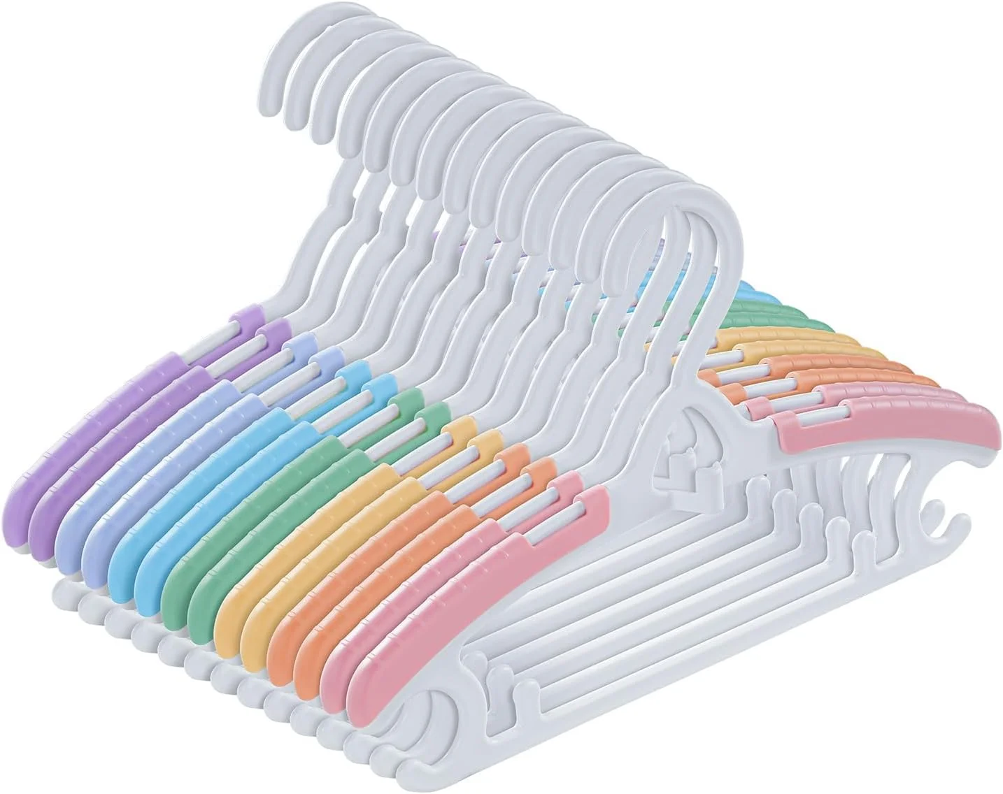 آویز لباس کودک TERRIFI، بسته 14 عددی، سایز قابل تنظیم 28 تا 37 سانتی متر، آویز لباس پلاستیکی بادوام برای نوزادان و کودکان با قلاب، ضد لغزش و قابل انباشت، رنگین کمانی