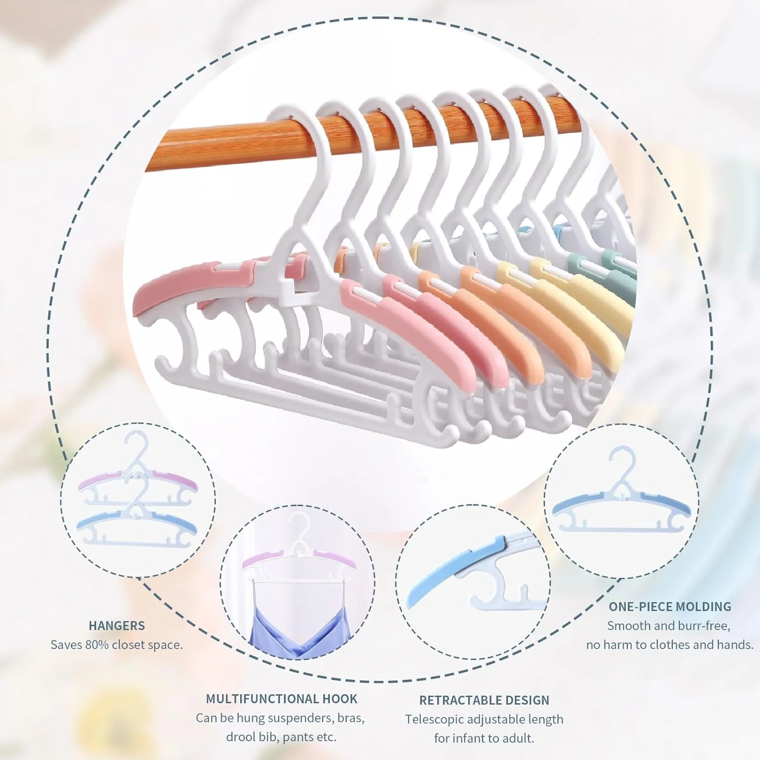 آویز لباس کودک TERRIFI، بسته 14 عددی، سایز قابل تنظیم 28 تا 37 سانتی متر، آویز لباس پلاستیکی بادوام برای نوزادان و کودکان با قلاب، ضد لغزش و قابل انباشت، رنگین کمانی