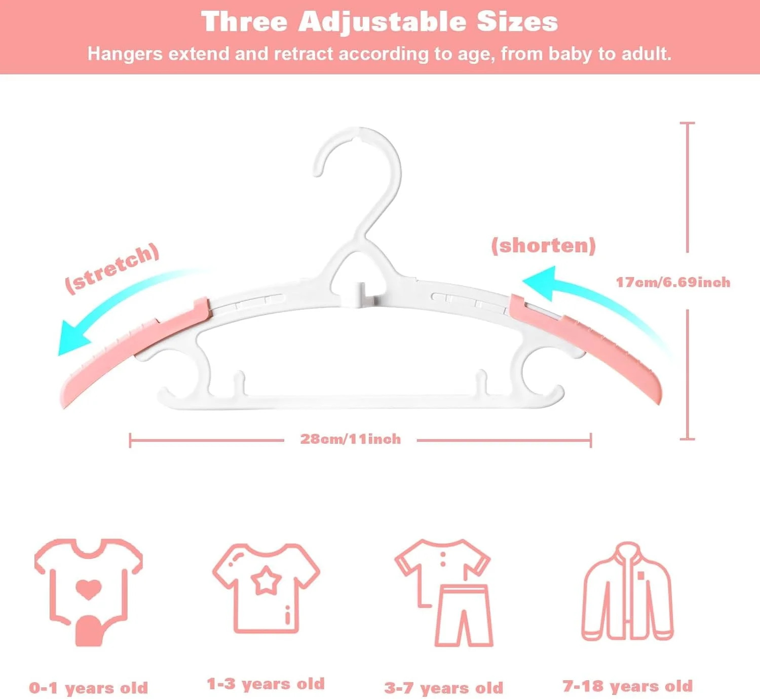 آویز لباس کودک TERRIFI، بسته 14 عددی، سایز قابل تنظیم 28 تا 37 سانتی متر، آویز لباس پلاستیکی بادوام برای نوزادان و کودکان با قلاب، ضد لغزش و قابل انباشت، رنگین کمانی