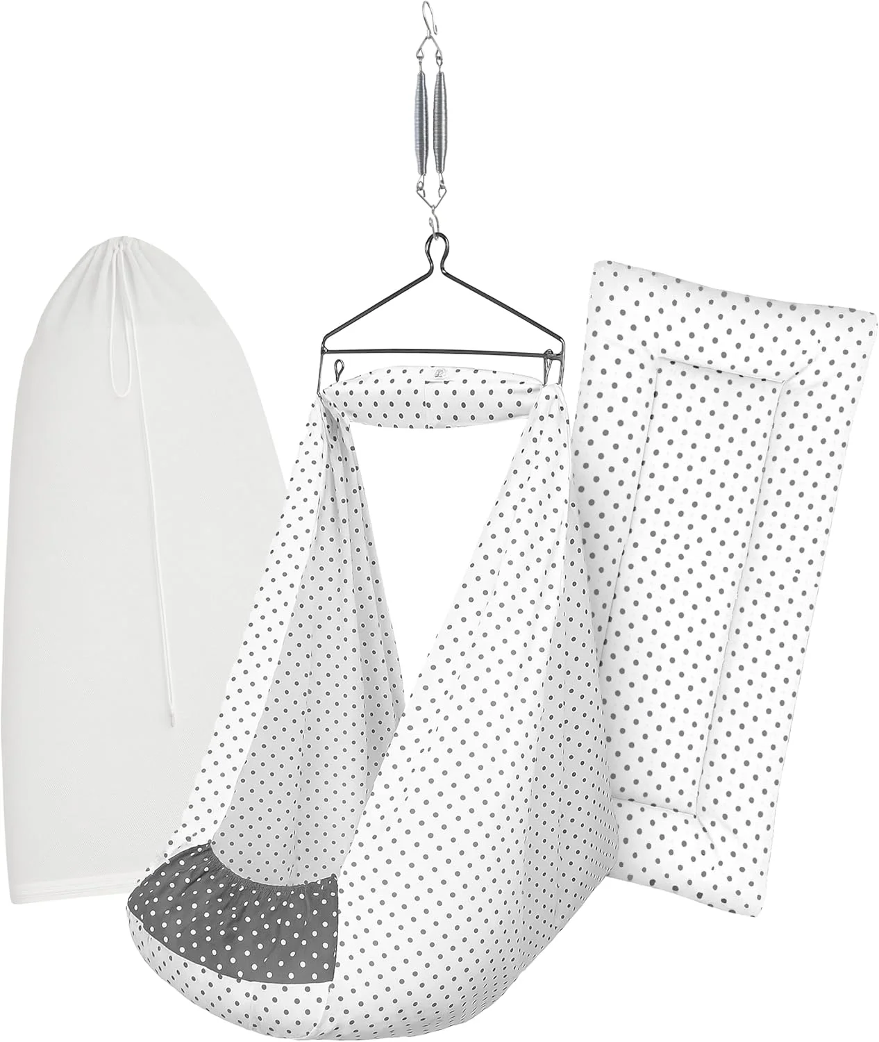 ست گهواره نوزاد / تاب (پارچه تخت، پالنا، دولنا) | گهواره آویز با تخت خواب جداشدنی، پشه بند، فنر، آویز مثلثی | تا 15 کیلوگرم | طرح پیش فرض - MELANCHI DOT-15983