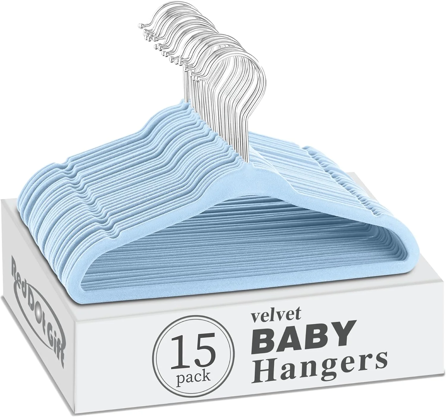 آویز لباس مخملی بچه گانه رِد دات گیفت بسته 15 عددی، 28 سانتی متر - آویز لباس کودک ضد لغزش با قلاب چرخان کرومی 360 درجه (آبی روشن)