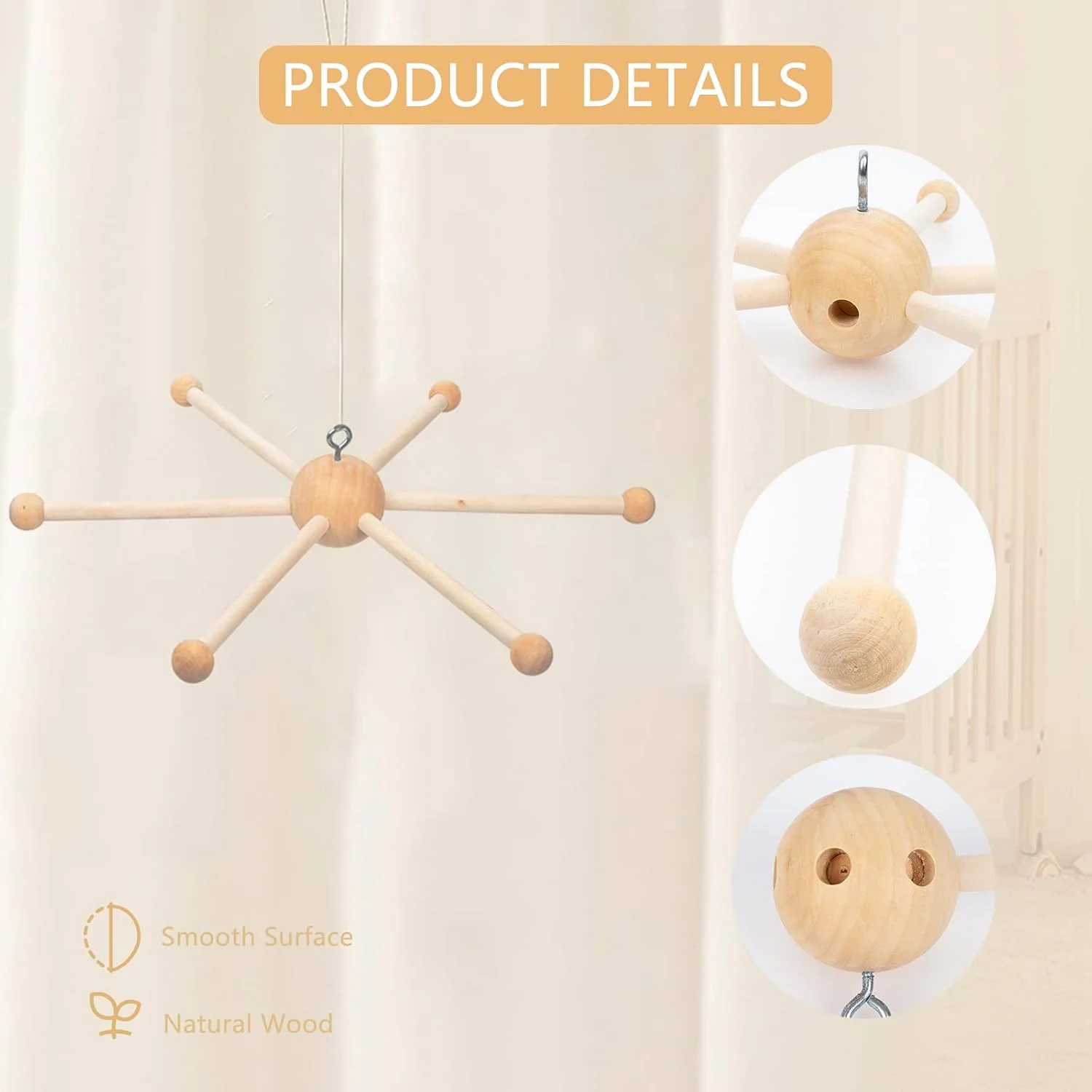 آویز چوبی موبایل کودک، کیت موبایل تخت نوزاد، قاب آویز موبایل اسباب بازی تزئینی صنایع دستی DIY لوازم عکاسی هدیه نوزاد (مدل C)