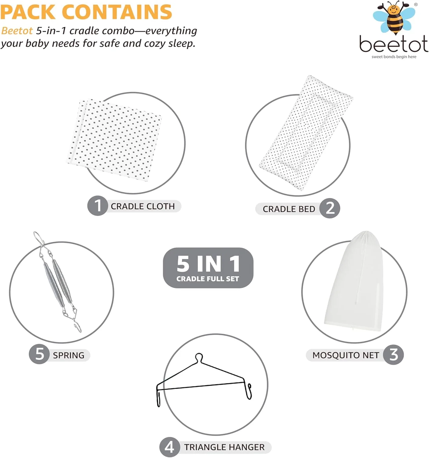 ست گهواره نوزاد / تاب (پارچه تخت، پالنا، دولنا) | گهواره آویز با تخت خواب جداشدنی، پشه بند، فنر، آویز مثلثی | تا 15 کیلوگرم | طرح پیش فرض - MELANCHI DOT-15983