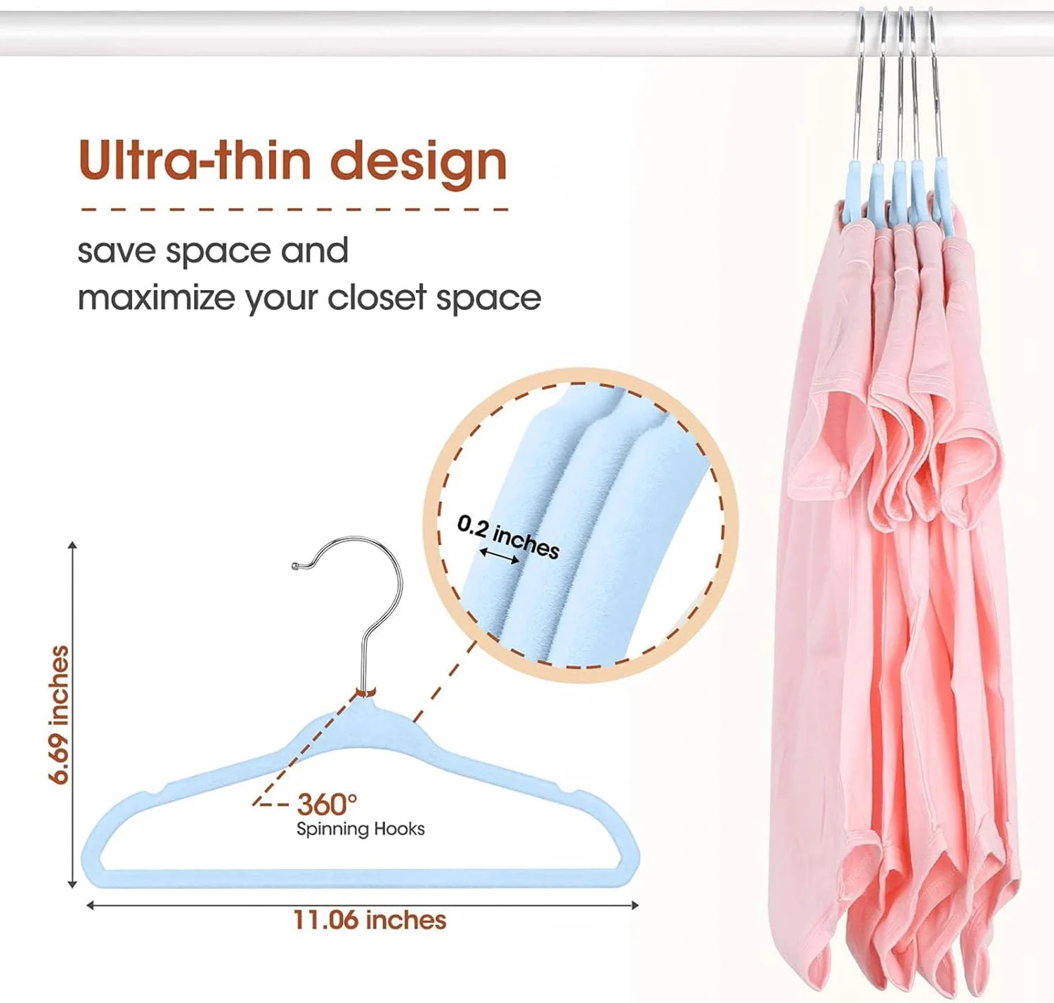 آویز لباس مخملی بچه گانه رِد دات گیفت بسته 15 عددی، 28 سانتی متر - آویز لباس کودک ضد لغزش با قلاب چرخان کرومی 360 درجه (آبی روشن)
