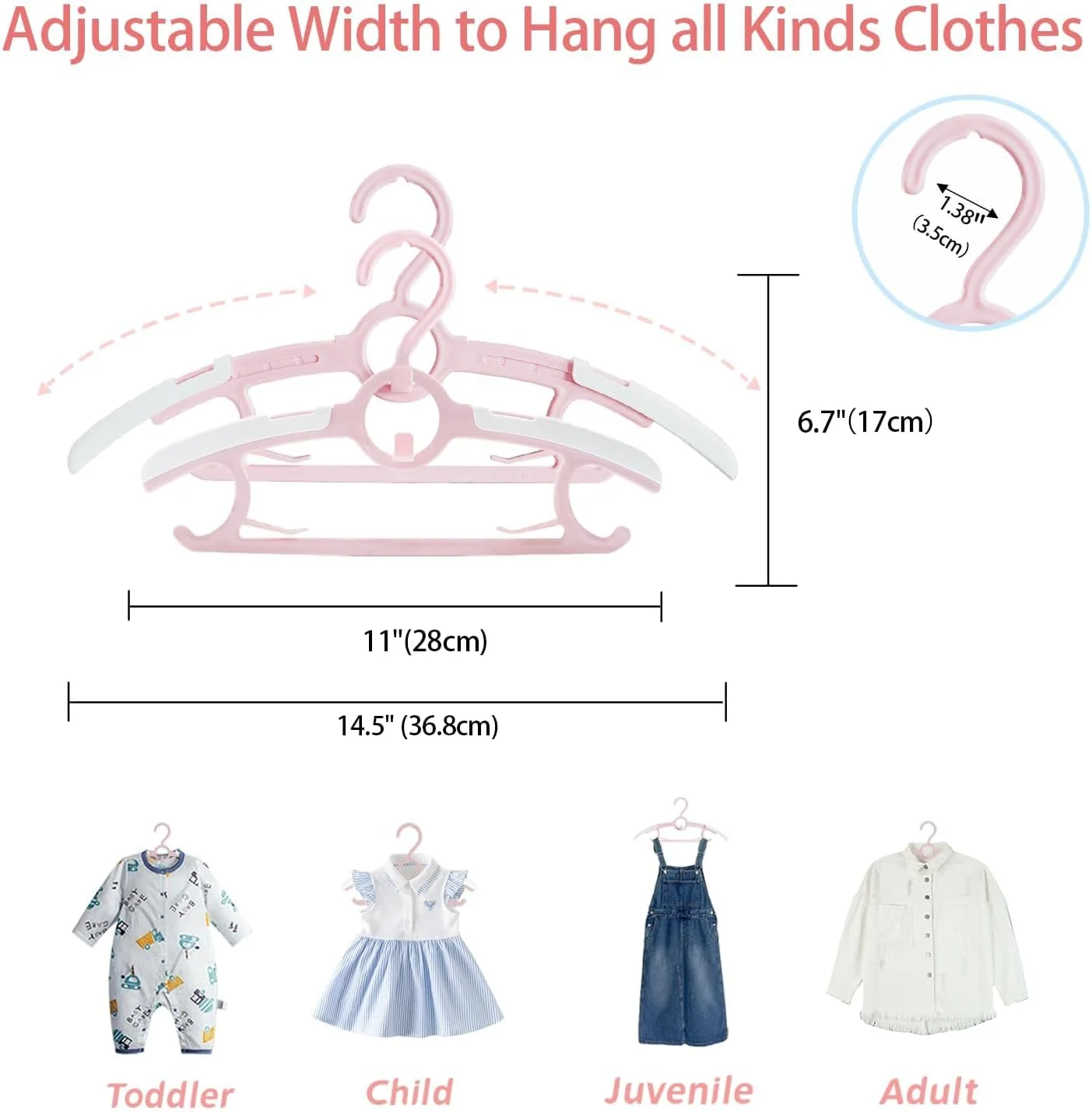 چوب لباسی پلاستیکی کودک، چوب لباسی کودک برای کمد اتاق کودک، چوب لباسی بچه گانه قابل تنظیم 28-37 سانتی متری ضد لغزش، چوب لباسی پلاستیکی قابل انباشت برای صرفه جویی در فضا برای نوزاد نوپا کودک نوجوان (بسته 10 عددی، صورتی)