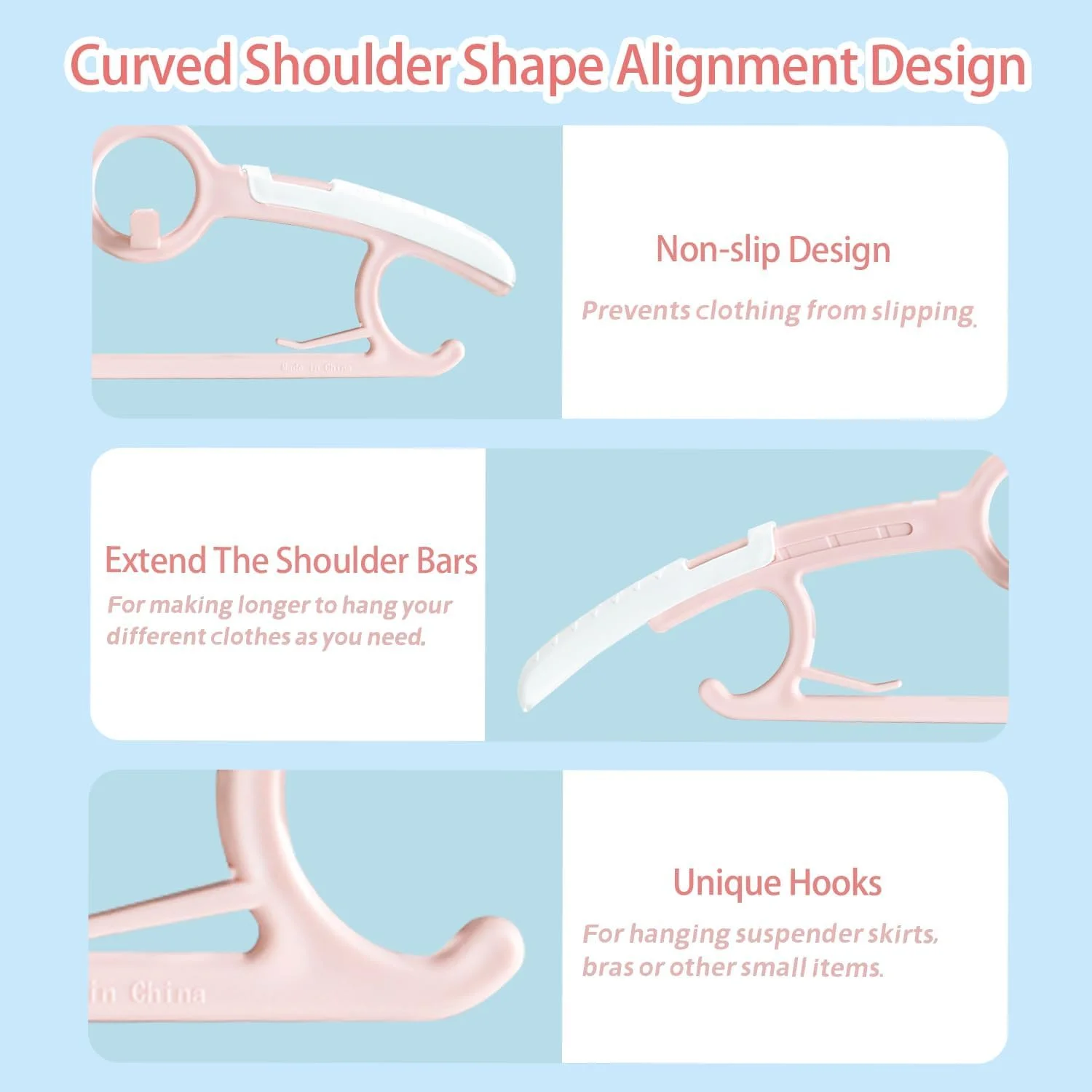 چوب لباسی پلاستیکی کودک، چوب لباسی کودک برای کمد اتاق کودک، چوب لباسی بچه گانه قابل تنظیم 28-37 سانتی متری ضد لغزش، چوب لباسی پلاستیکی قابل انباشت برای صرفه جویی در فضا برای نوزاد نوپا کودک نوجوان (بسته 10 عددی، صورتی)