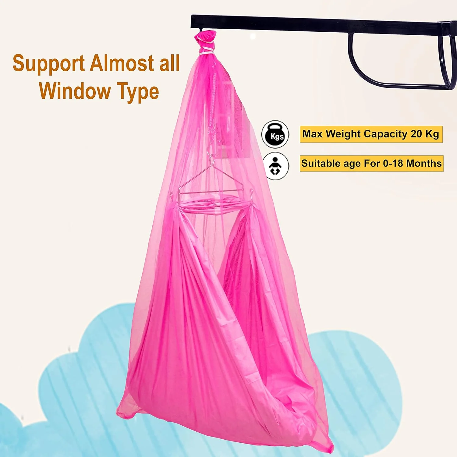 آویز گهواره نوزاد با فنر، توری محافظ پشه و پارچه گهواره غیر قابل جدا شدن - گهواره آویز نوزاد (صورتی)