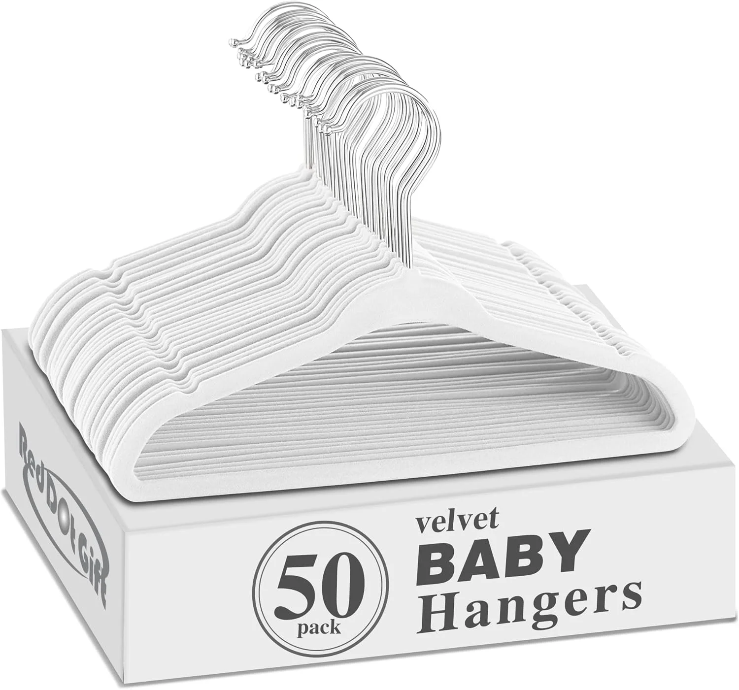 آویز لباس مخملی کودک بسته 50 عددی، 28 سانتیمتر - آویز لباس کودک ضد لغزش، قلاب گردان کروم 360 درجه (سفید، 50 عدد)