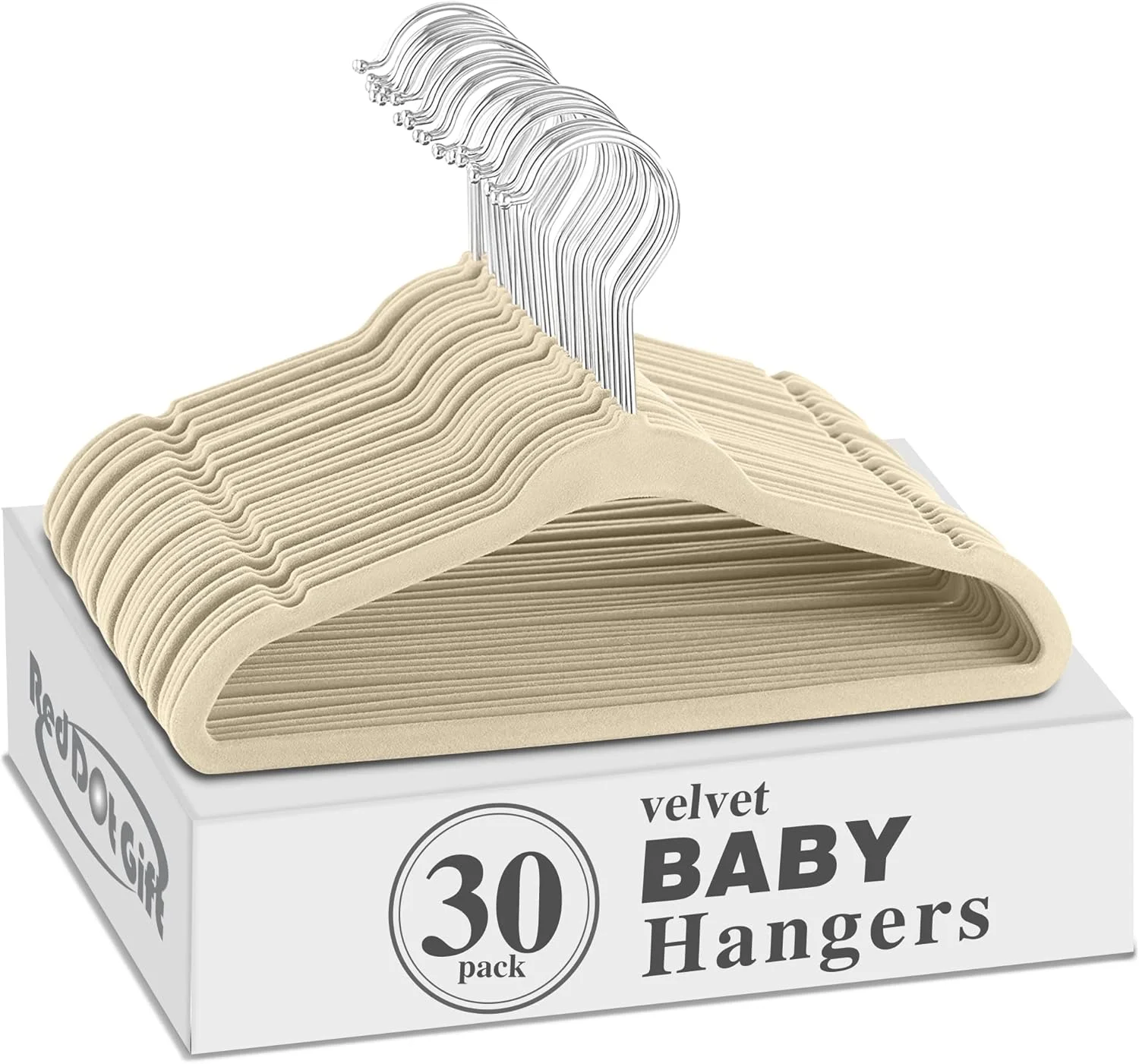 چوب لباسی مخملی کودک Red Dot Gift، 28 سانتی متر - چوب لباسی لباس کودک ضد لغزش با قلاب گردان کرومی 360 درجه (بژ، 30 عدد)