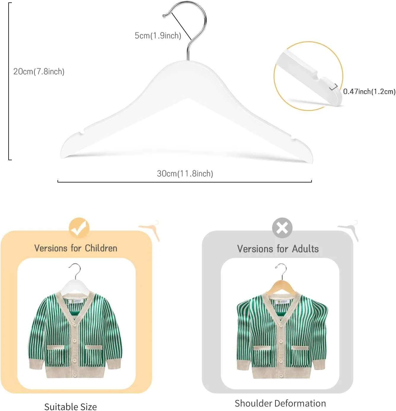 چوب لباسی چوبی کودک نیچر اسمایل، مناسب برای پیراهن و کت، دارای شیار و قلاب کروم ضد زنگ، بسته 10 عددی (سفید)