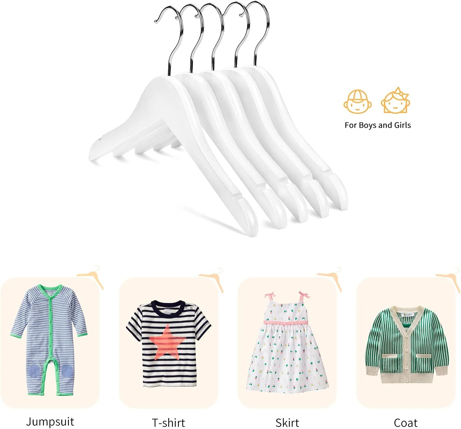 چوب لباسی چوبی کودک نیچر اسمایل، مناسب برای پیراهن و کت، دارای شیار و قلاب کروم ضد زنگ، بسته 10 عددی (سفید)