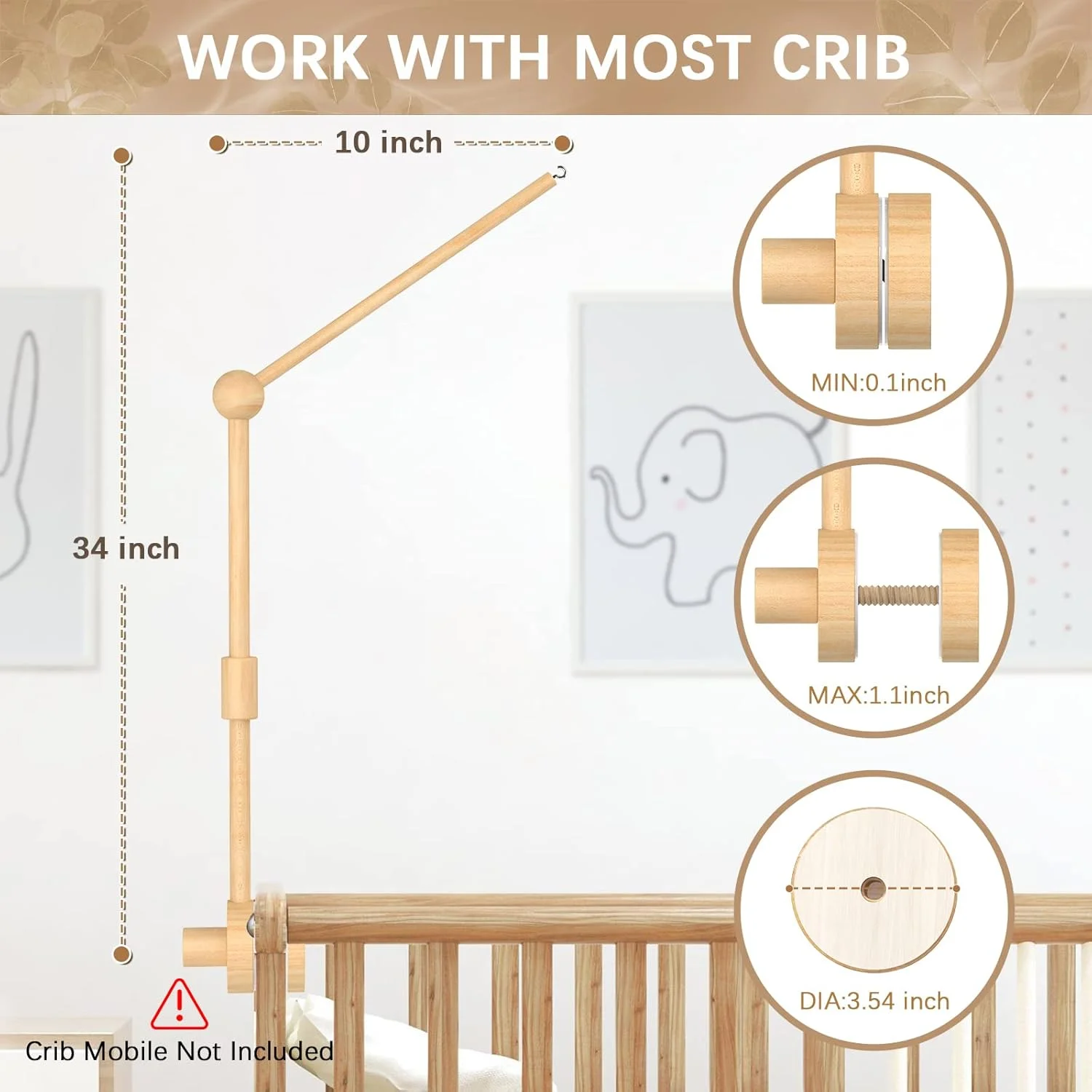 بازوی آویز تخت نوزاد FEISIKE، بازوی 86 سانتی‌متری برای تخت، آویز چوبی تزئینی اتاق کودک، نگهدارنده گیره‌ای برای نوزاد دختر و پسر، ست اتصال آویز از جنس چوب راش طبیعی و ایمن