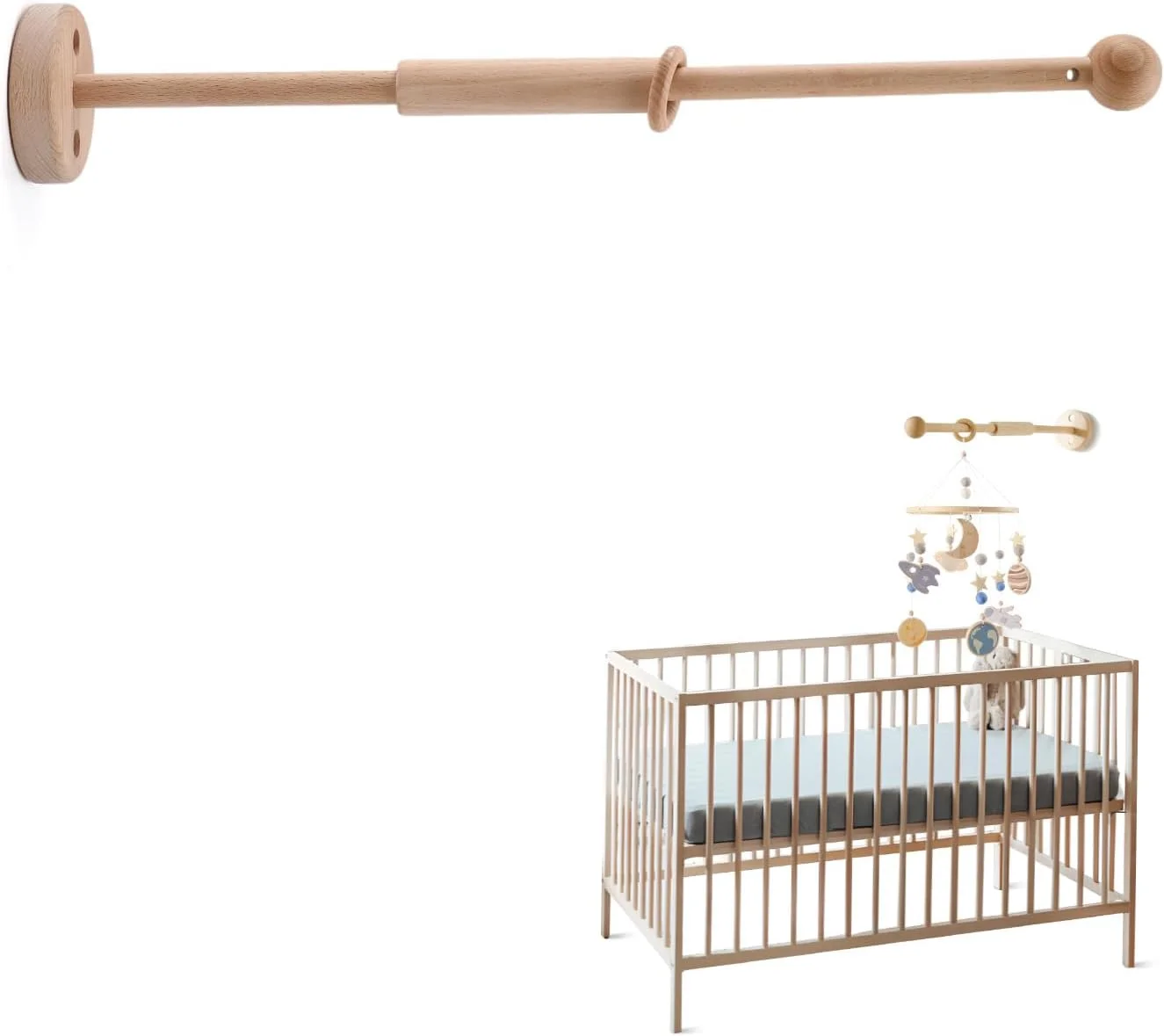 بازوی آویز موبایل چوبی تخت نوزاد | آویز موبایل کودک | نگهدارنده دیواری چوبی | دکوراسیون اتاق کودک برای موبایل محکم نوزادان پسر و دختر