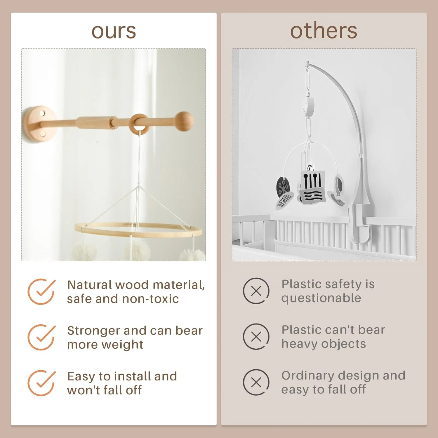 بازوی آویز موبایل چوبی تخت نوزاد | آویز موبایل کودک | نگهدارنده دیواری چوبی | دکوراسیون اتاق کودک برای موبایل محکم نوزادان پسر و دختر