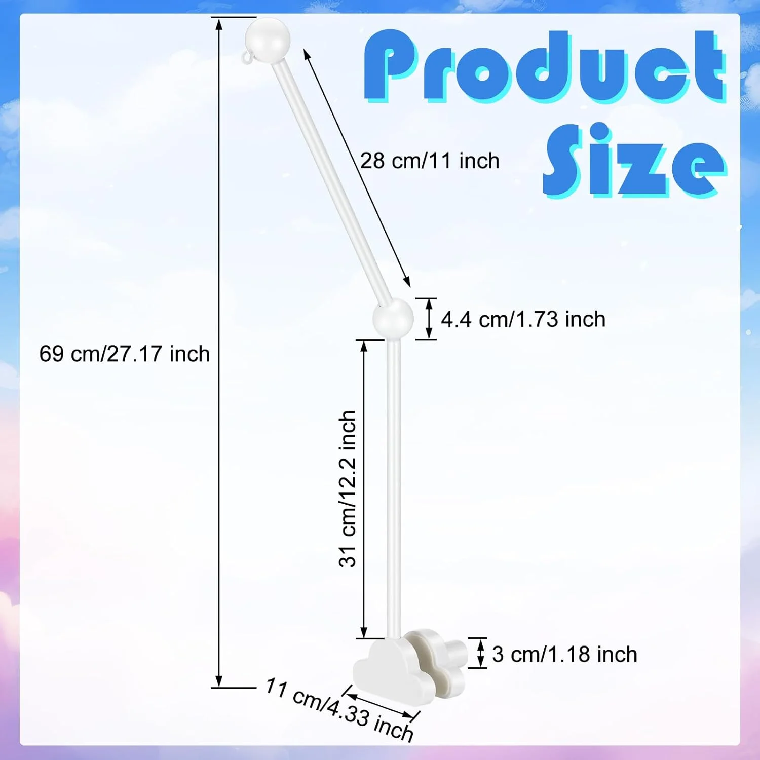 بازوی آویز موبایل چوبی تخت نوزاد، طراحی ابر، 70 سانتیمتر، قابل تنظیم برای تخت خواب و گهواره، زنگ بادی، مناسب اتاق کودک (سفید)