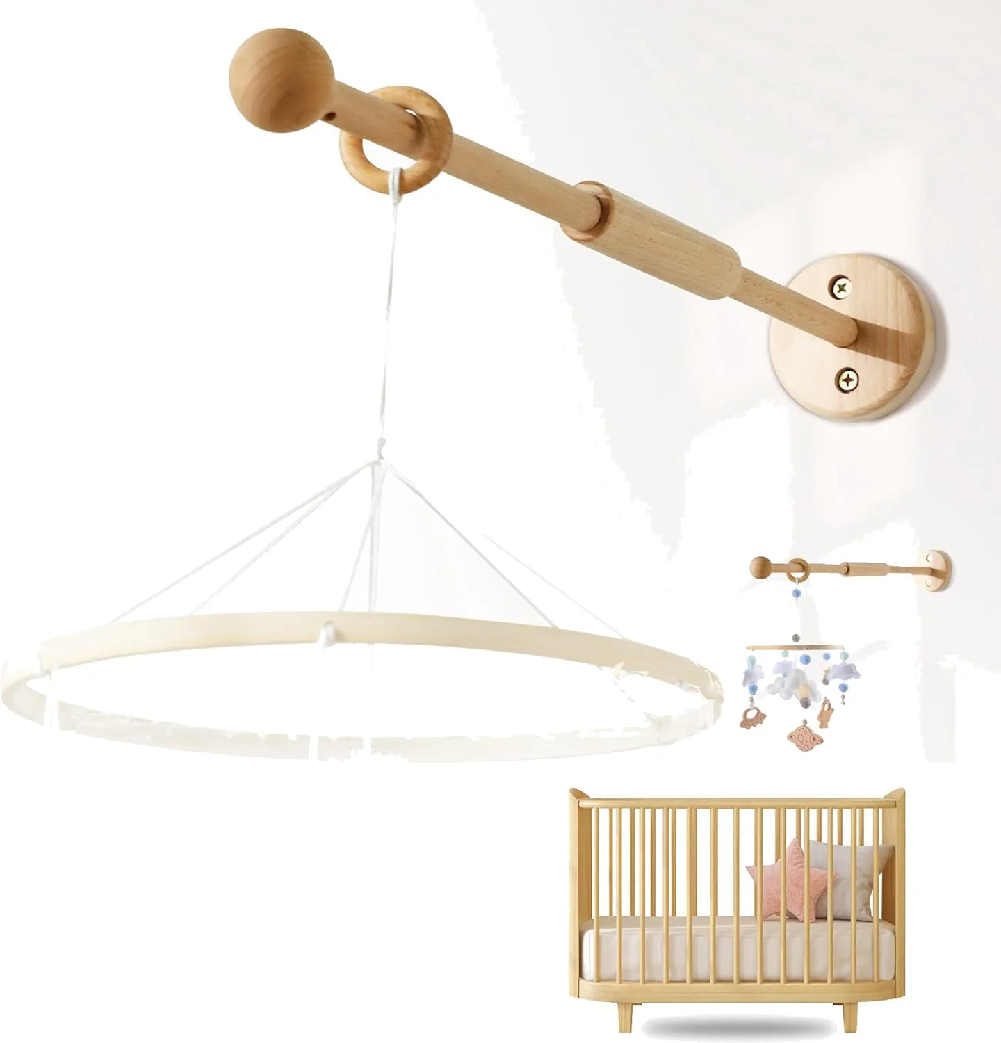 بازوی آویز دیواری تخت نوزاد، نگهدارنده دیواری چوبی طبیعی و محکم، آویز چوبی ایمن برای تخت نوزاد، دکوراسیون دیواری اتاق نوزاد، ایده هدیه برای آویز اسباب بازی تخت