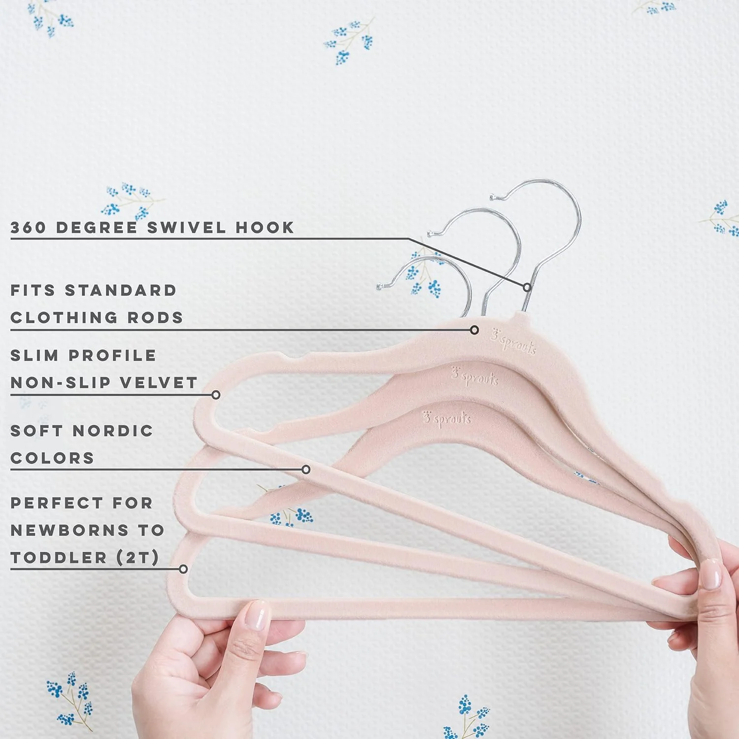 چوب لباسی کودک 3 Sprouts، چوب لباسی مخملی ضد لغزش، چوب لباسی بچه گانه - بسته 15 عددی - صورتی