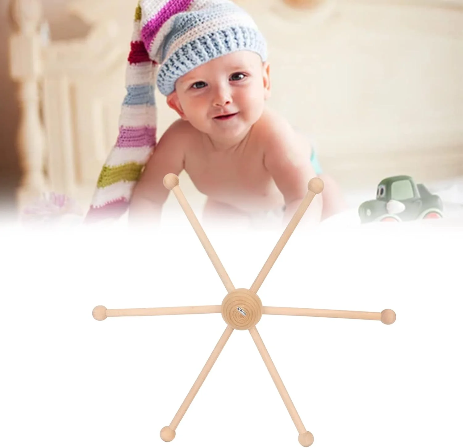 آویز تخت نوزاد با قاب چوبی، نگهدارنده تزئینی زیبا برای اتاق خواب و آویز موبایل نوزاد