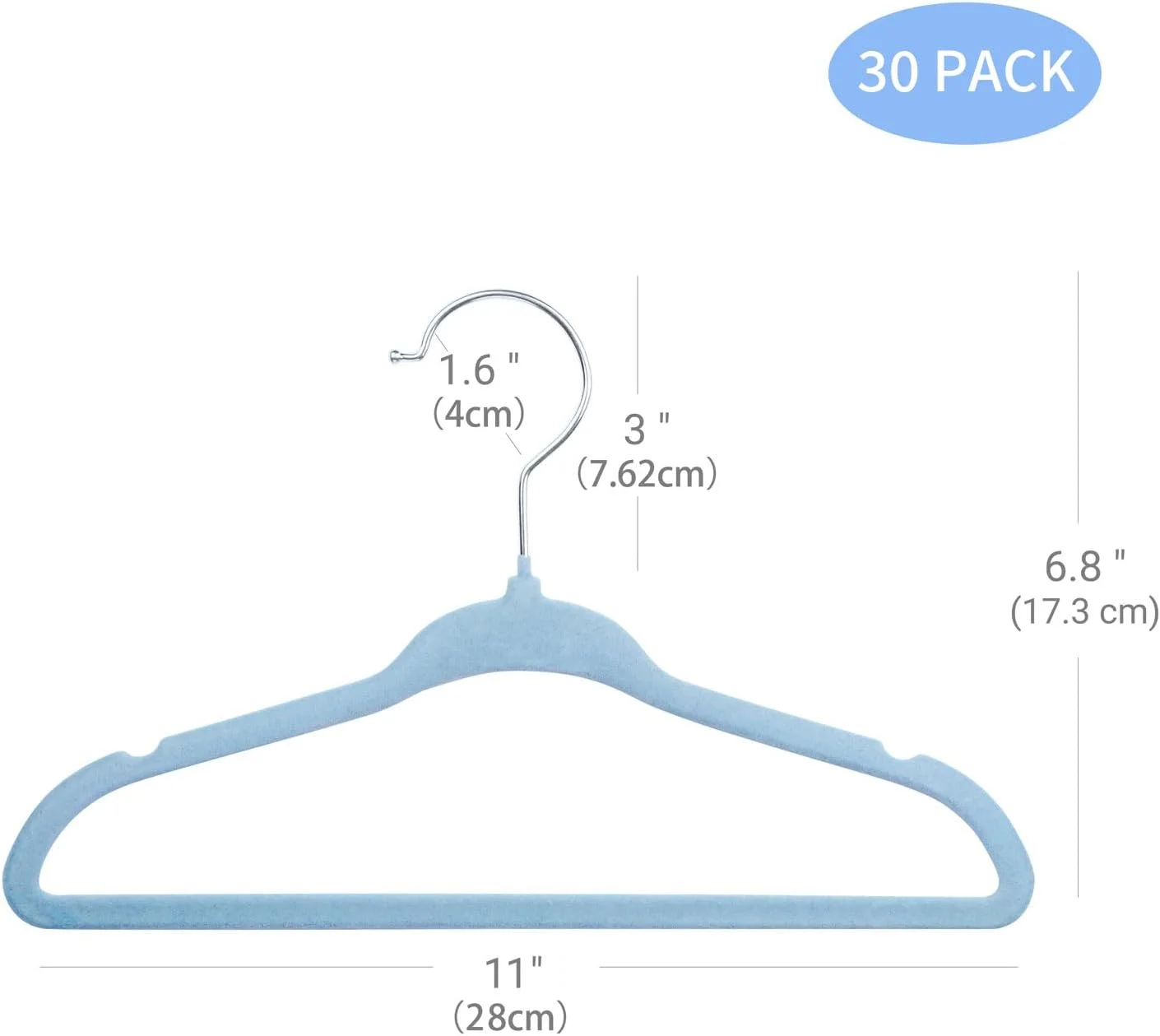 چوب لباسی بچه گانه ManGotree، بسته 30 عددی، 28 سانتی متری، مخملی، فوق العاده نازک و ضد لغزش (آبی)