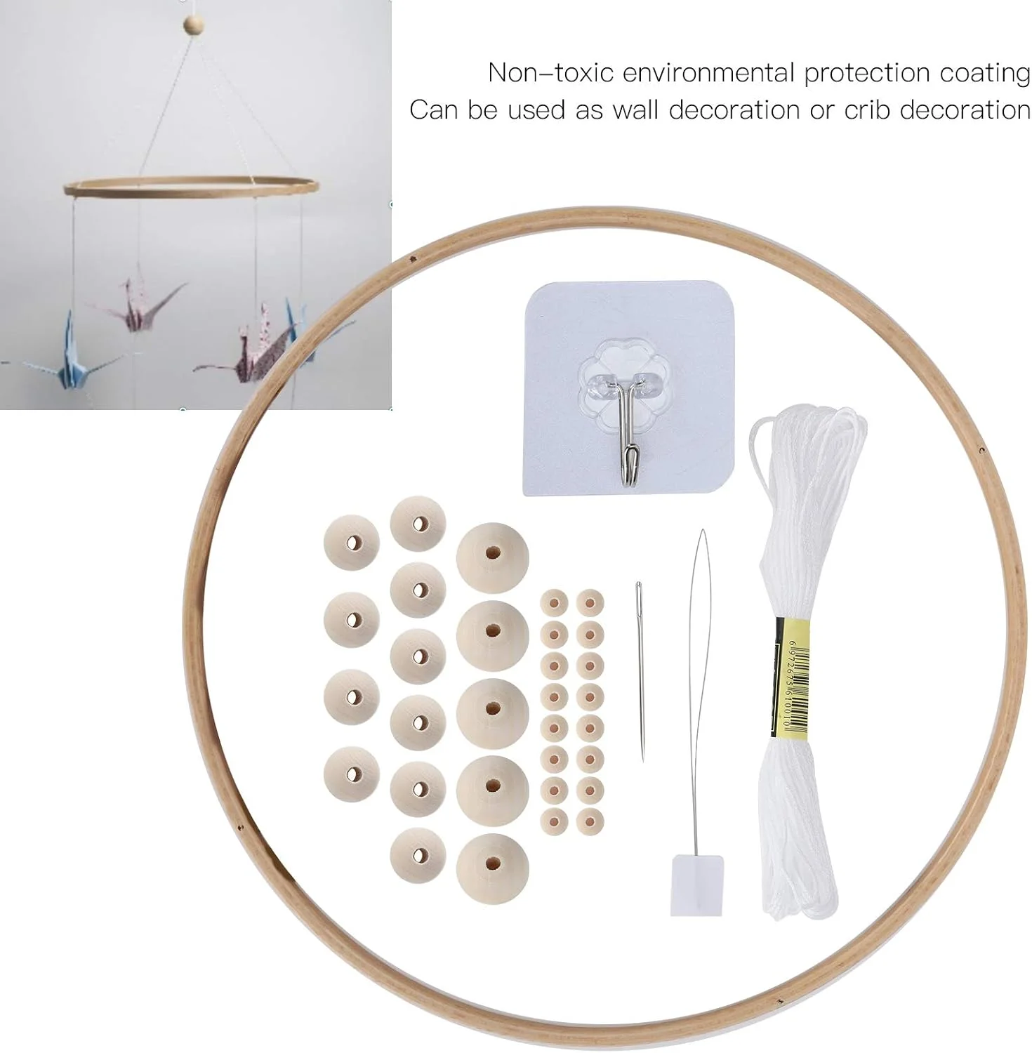 آویز چوبی گرد برای ساخت موبایل کودک، قاب آویز تخت برای کاردستی، زنگ بادی برای دکور اتاق و هدیه برای کودکان