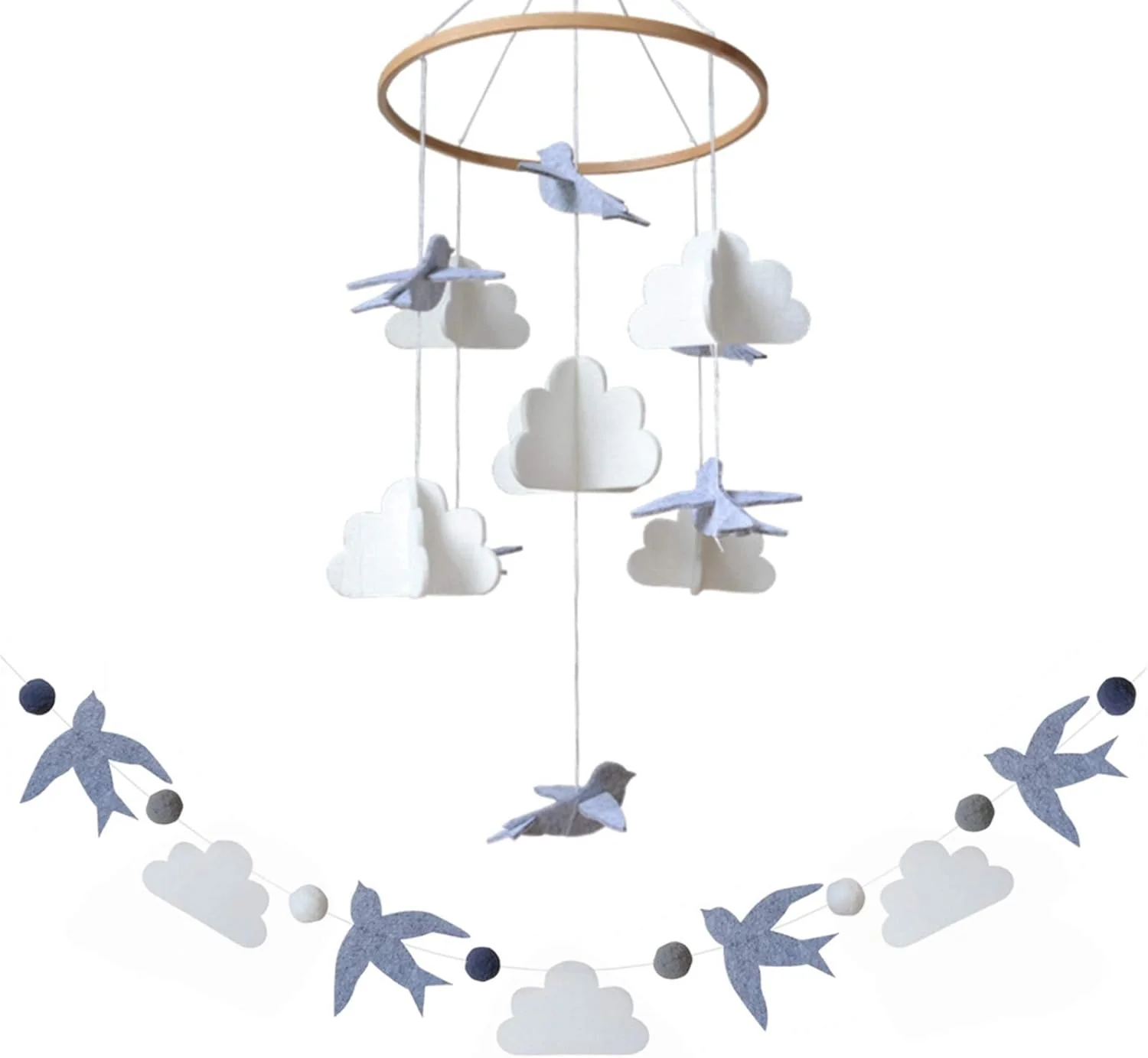 آویز تخت نوزاد سورل + فرن (پرندگان در ابرها با حلقه گل) دکور اتاق کودک هدیه سیسمونی برای پسران و دختران