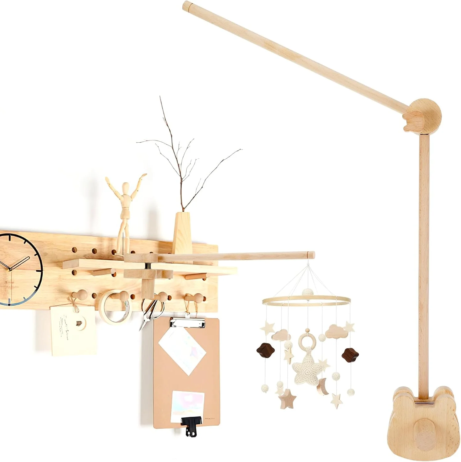 نگهدارنده موبایل چوبی قابل تنظیم برای تخت نوزاد، نگهدارنده موبایل چوبی میز تعویض برای اتاق کودک، آویز موبایل نوزاد با قابلیت چرخش 360 درجه، برای آویزان کردن جعبه موسیقی، اسباب بازی های آویز