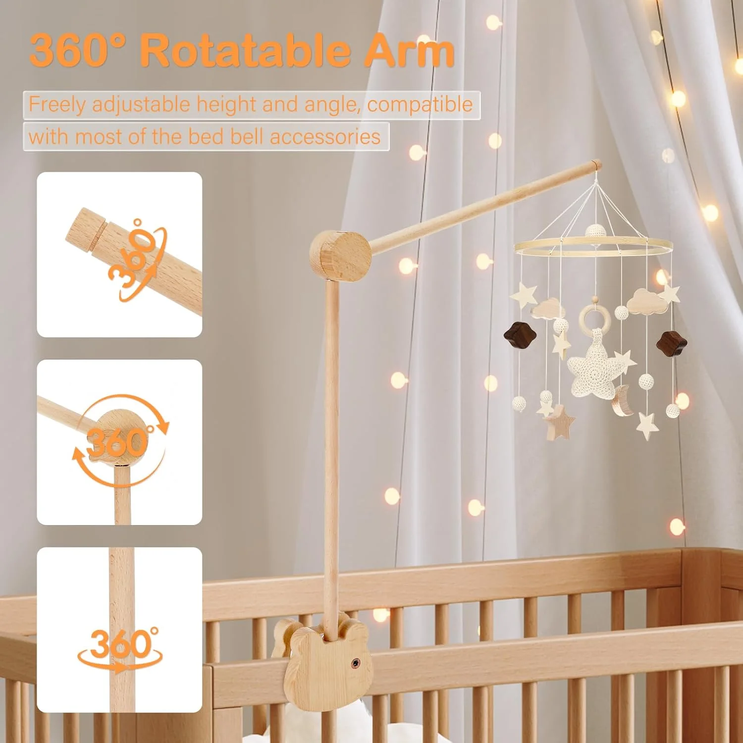 نگهدارنده موبایل چوبی قابل تنظیم برای تخت نوزاد، نگهدارنده موبایل چوبی میز تعویض برای اتاق کودک، آویز موبایل نوزاد با قابلیت چرخش 360 درجه، برای آویزان کردن جعبه موسیقی، اسباب بازی های آویز