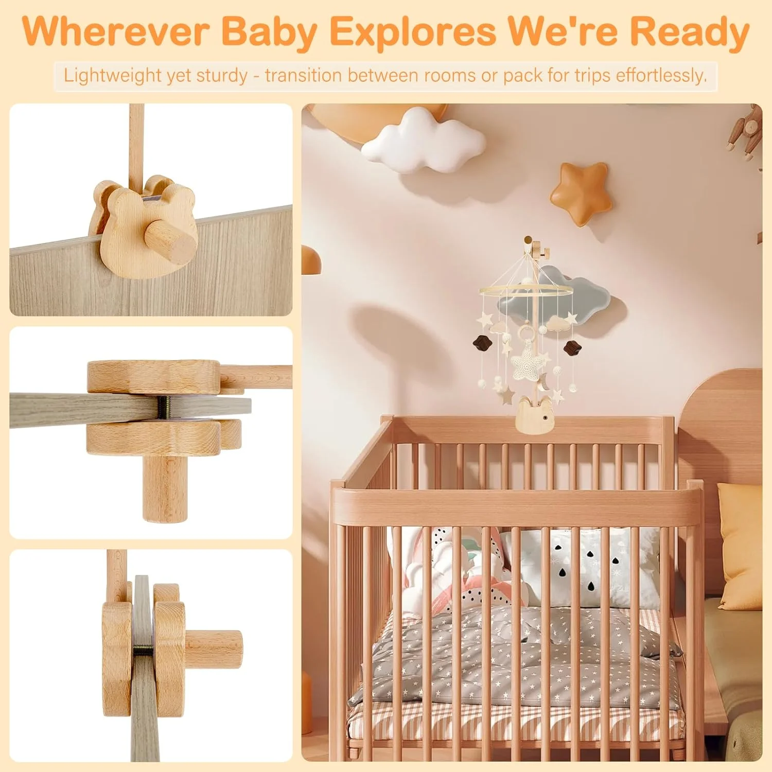 نگهدارنده موبایل چوبی قابل تنظیم برای تخت نوزاد، نگهدارنده موبایل چوبی میز تعویض برای اتاق کودک، آویز موبایل نوزاد با قابلیت چرخش 360 درجه، برای آویزان کردن جعبه موسیقی، اسباب بازی های آویز