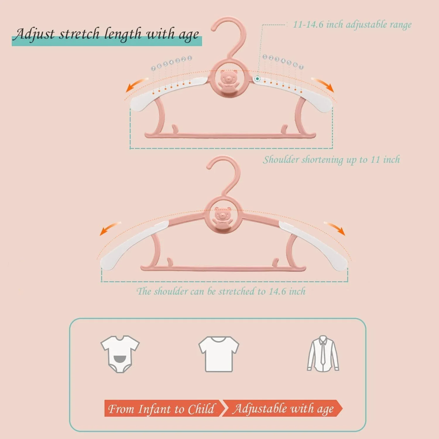 20 عدد چوب لباسی کودک، 28 تا 37 سانتی متر قابل تنظیم، چوب لباسی لباس کودک برای نوزاد، کودک نوپا، کمد کودک، چوب لباسی لباسشویی غیر لغزنده و قابل افزایش (صورتی)