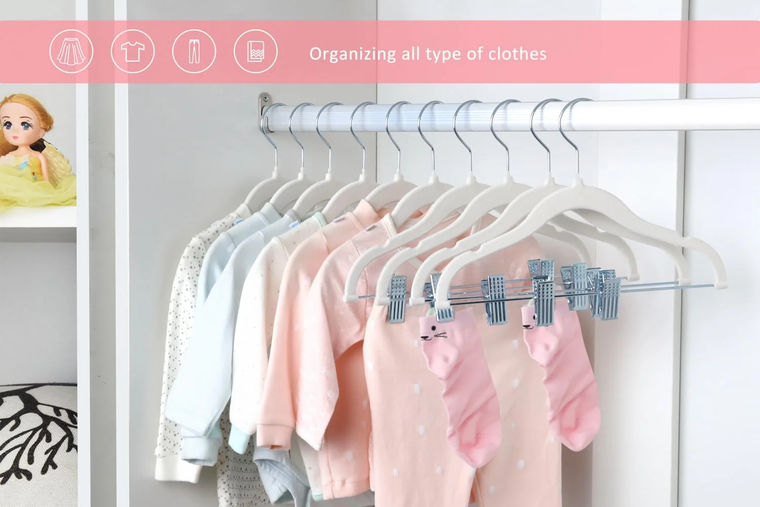 آویزهای مخملی کودک مانگوتری 30 سانتی‌متری با گیره‌های متحرک، آویزهای نمدی ضد لغزش کودک، آویز لباس فوق‌العاده نازک و صرفه‌جویی در فضای لباس کودکان برای دامن، شلوار، لباس، پیراهن، ژاکت (بسته 7 عددی، سفید)