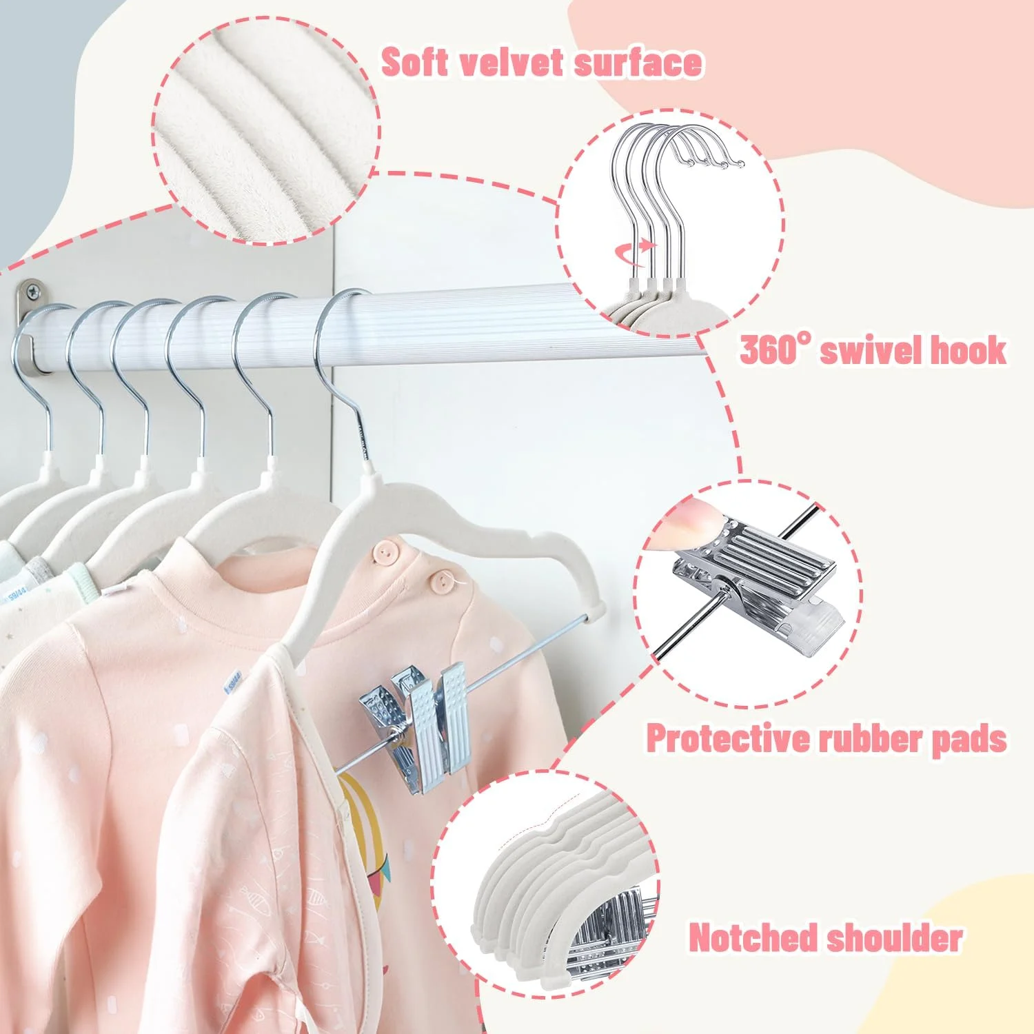 آویزهای مخملی کودک مانگوتری 30 سانتی‌متری با گیره‌های متحرک، آویزهای نمدی ضد لغزش کودک، آویز لباس فوق‌العاده نازک و صرفه‌جویی در فضای لباس کودکان برای دامن، شلوار، لباس، پیراهن، ژاکت (بسته 7 عددی، سفید)