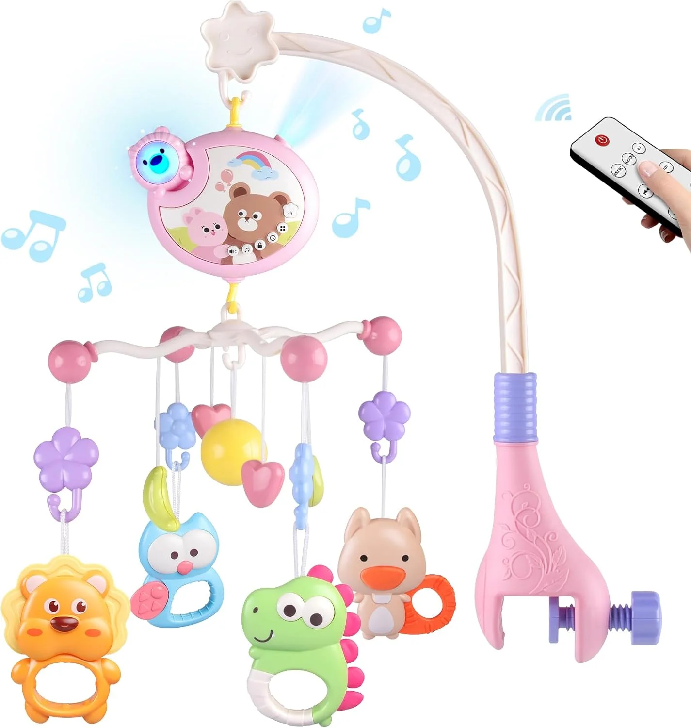 آویز تخت نوزاد با موسیقی و چراغ، آویزهای نوزاد برای تخت، آویز موزیکال اتاق کودک برای سبد اسباب بازی آویز دخترانه پسرانه، قابل حمل با گیره