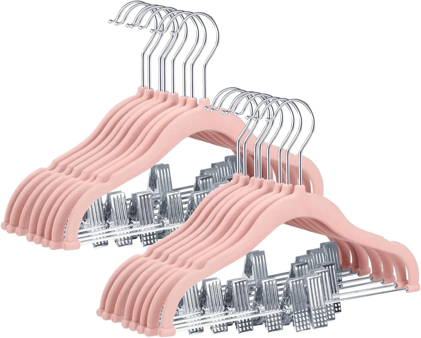 چوب لباسی مخملی کودک 30 سانتی متری با گیره های متحرک، چوب لباسی نمدی ضد لغزش، چوب لباسی فوق العاده نازک برای صرفه جویی در فضا برای دامن، شلوار، لباس، پیراهن، ژاکت (بسته 16 عددی، صورتی)