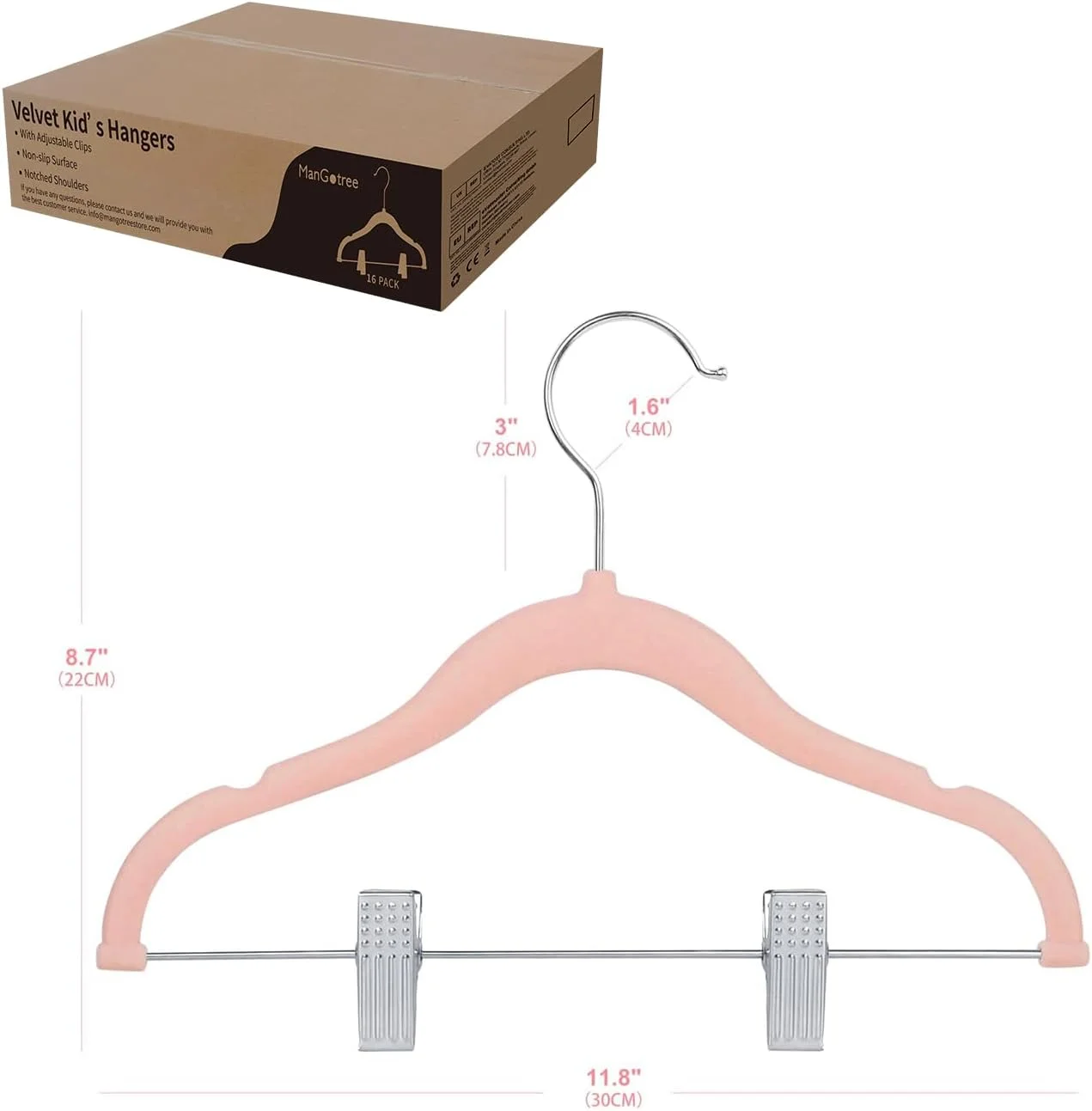 چوب لباسی مخملی کودک 30 سانتی متری با گیره های متحرک، چوب لباسی نمدی ضد لغزش، چوب لباسی فوق العاده نازک برای صرفه جویی در فضا برای دامن، شلوار، لباس، پیراهن، ژاکت (بسته 16 عددی، صورتی)